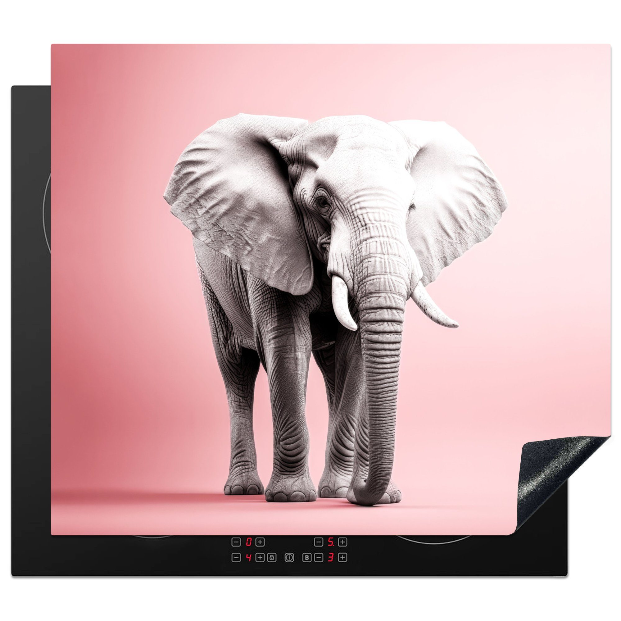 MuchoWow Herdblende-/Abdeckplatte Elefant - Wildtiere - Porträt - Rosa, Vinyl, (1 tlg), 60x52 cm, Mobile Arbeitsfläche nutzbar, Ceranfeldabdeckung