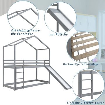 Fangqi Kinderbett 90x200cm Etagenbett in Hausform mit Rutschen und Geländer, Jugendbett (mit Stauraum darunter Platz, Massivholzbett mit Lattenrost und Leiter), selbst zusammenbaubar zu 2 niedrigen Betten