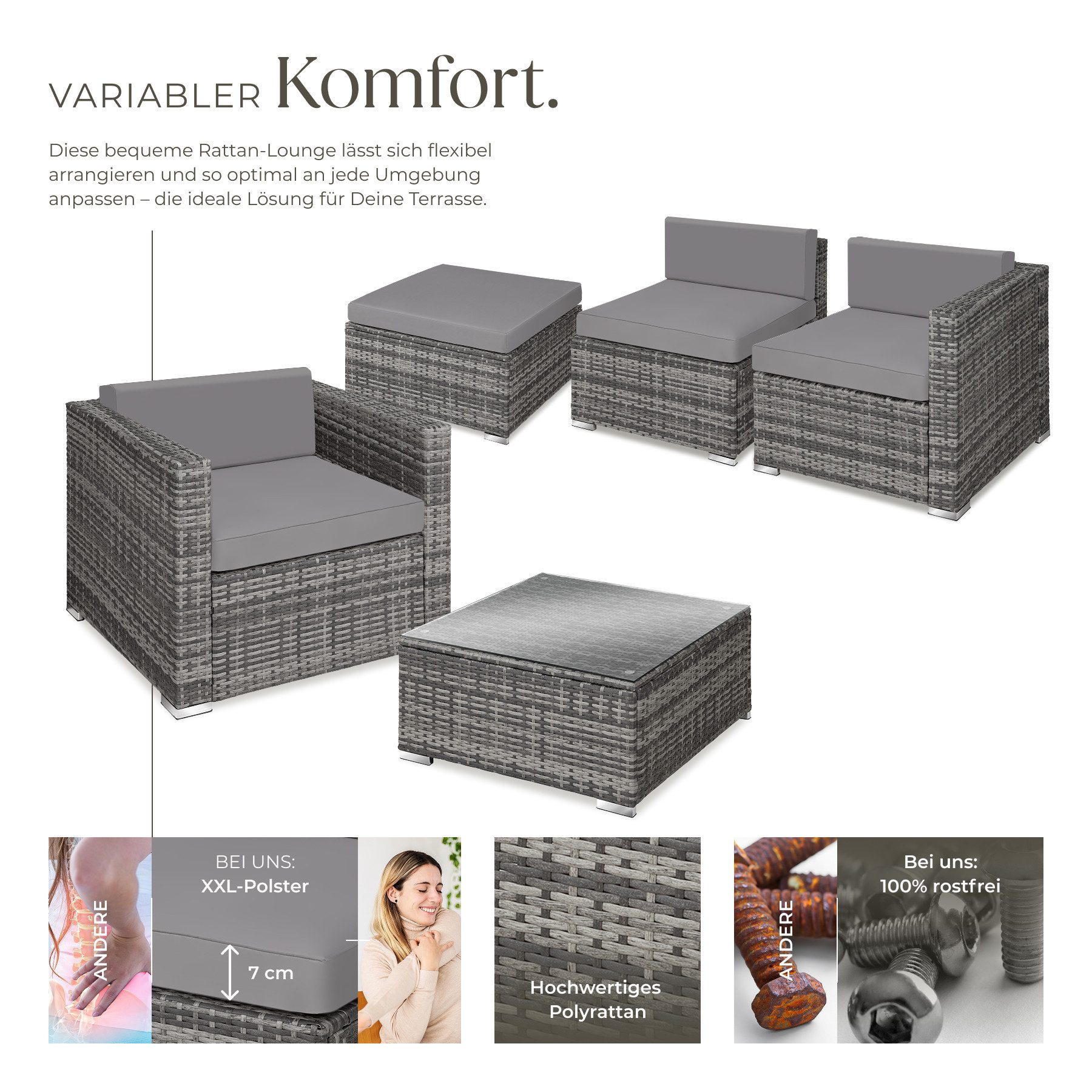 tectake Loungeset Rattan Lounge für 4 bis 5 Personen, mit Sicherheitsglasplatte, (Loungemöbel Milano, 6-tlg., in grau), widerstandsfähig, UV-beständig, Dicke der Polster 7 cm