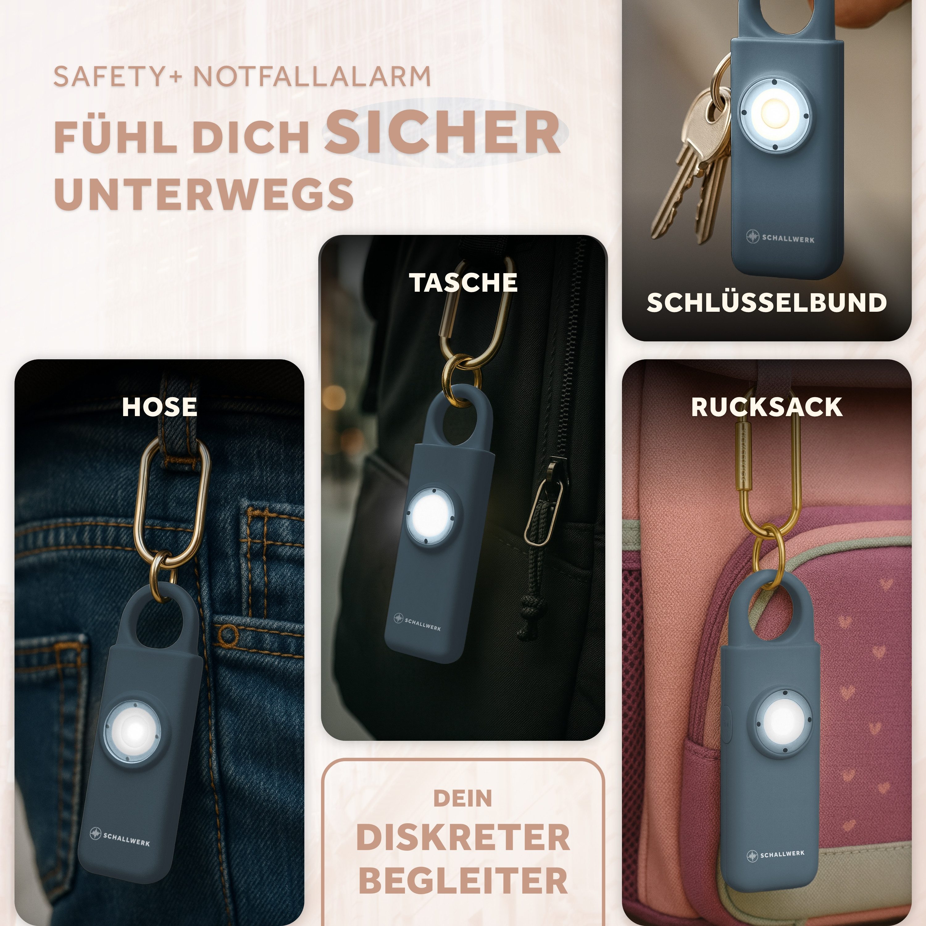 Schallwerk Taschenanhänger Taschenalarm für Selbstverteidigung & Sicherheit Lauter Alarm, LED-Stroboskoplicht, Schlüsselanhänger, für Frauen
