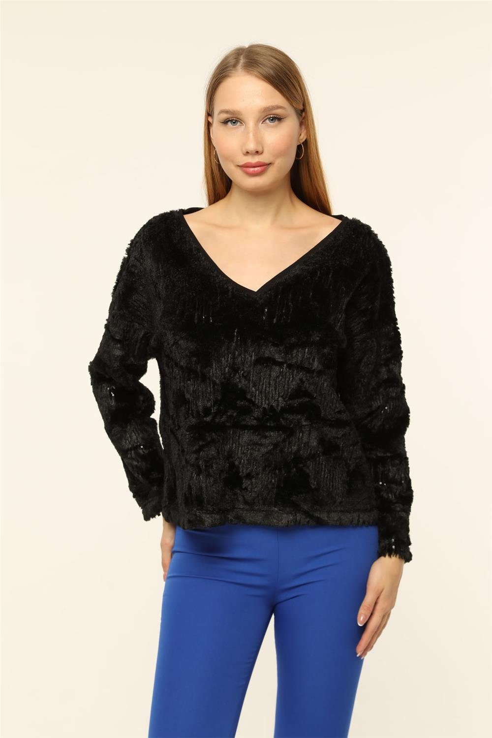 Blusentop Plüsch Pailletten V-Ausschnitt Bluse