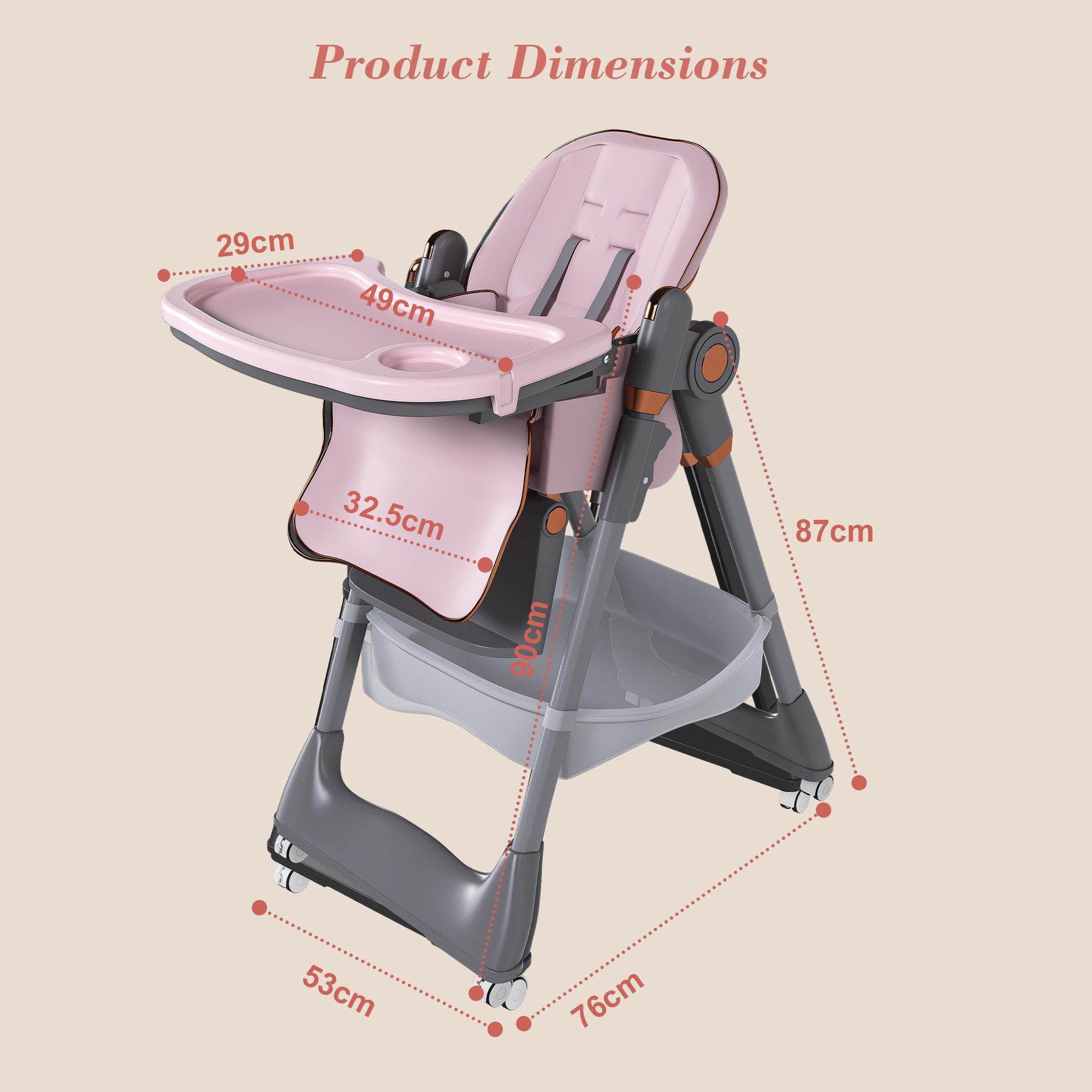 KLAM HOME Kinderklappstuhl Kinderstuhl 6-36 Monate, bis 45kg, faltbar & vielfach verstellbar (Sicherer Kinderklappstuhl mit 5-Punkt-Gurt, Feststellrädern & Tabl – Bild 3 von 5