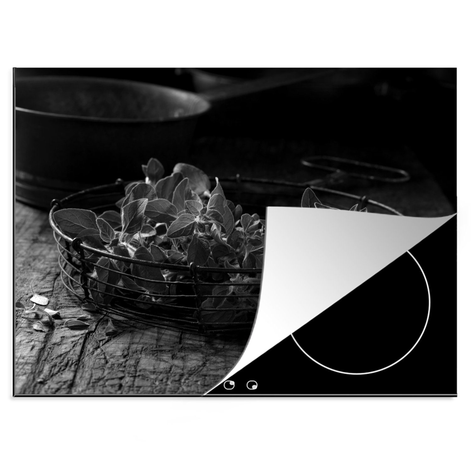 einem schwarz gepflücktes Oregano-Kraut Arbeitsfläche Herdblende-/Abdeckplatte tlg), Frisch Mobile in nutzbar, - cm, Ceranfeldabdeckung und, Metallkorb 70x52 MuchoWow (1 Vinyl,