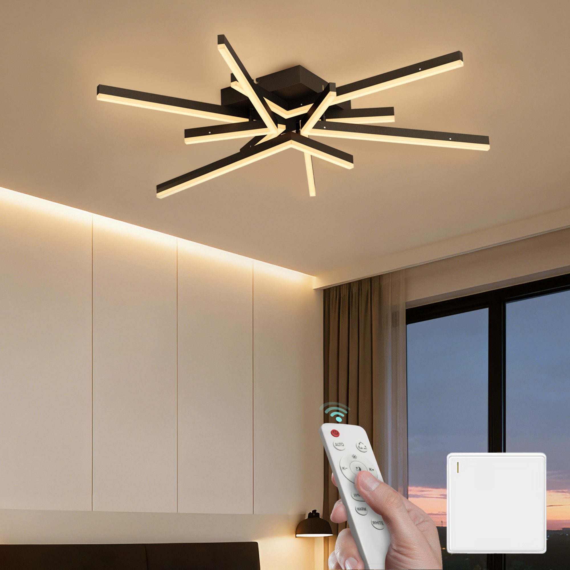 Mai & Mai Deckenleuchte LED Deckenlampe Zimmerlampe in Schwarz Stufenlos dimmbar Alivetta25038, LED-Deckenlampe mit zwei Bedienungsmöglichkeiten