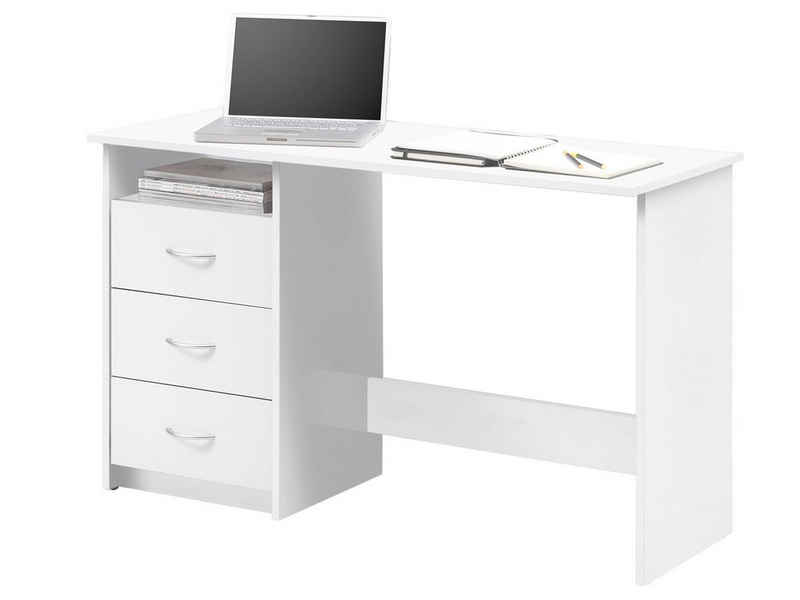 möbelando Schreibtisch »Schreibtisch "Mack I"«, Schreibtisch aus Spanplatte in Weiß mit 3 Schubkästen und 1 offenes Fach. Breite 123 cm, Höhe 76 cm, Tiefe 50 cm.