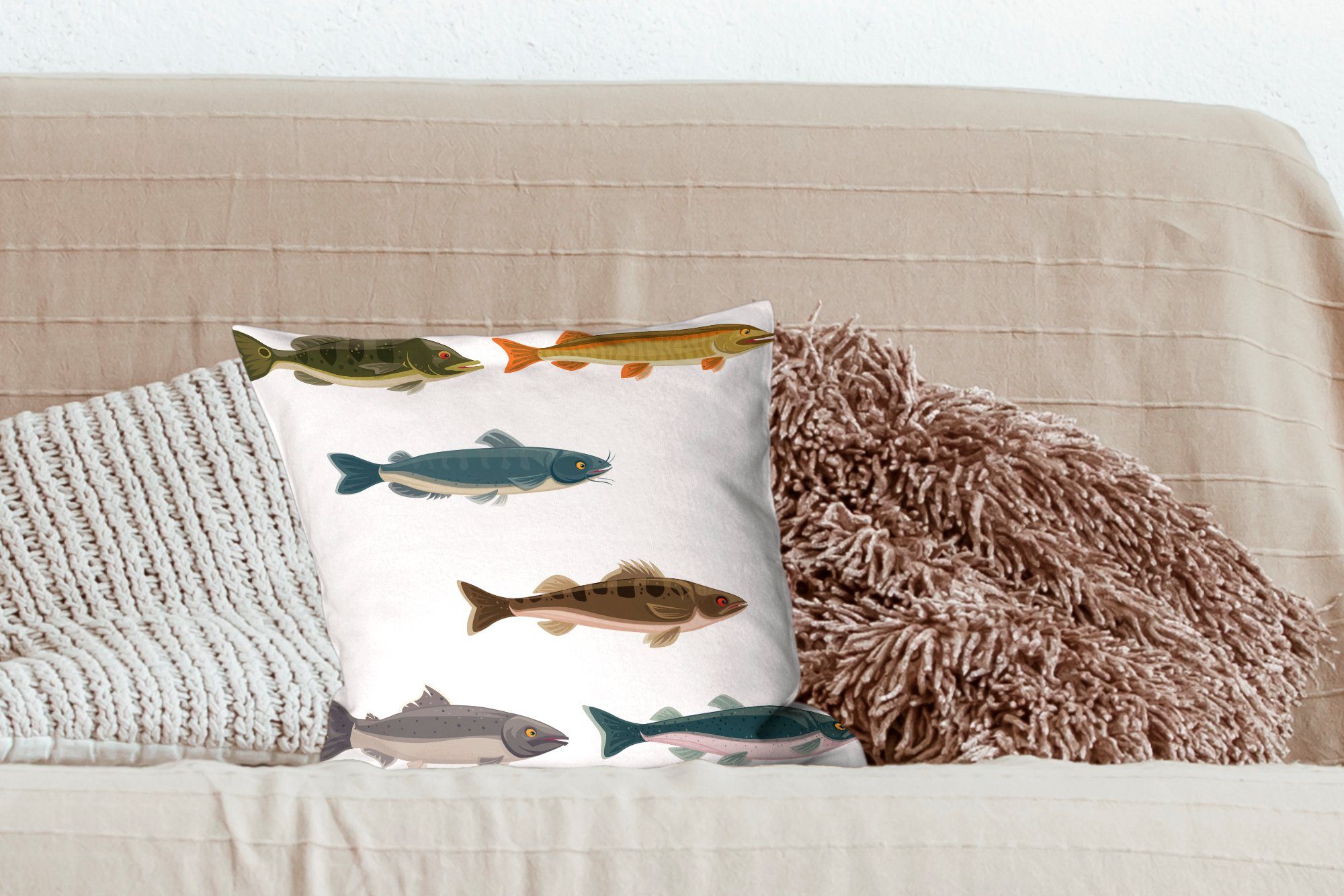 Illustration Schlafzimmer, MuchoWow Fischen, für Dekokissen Füllung farbigen Eine mit Wohzimmer, von sechs Sofakissen Zierkissen Deko,