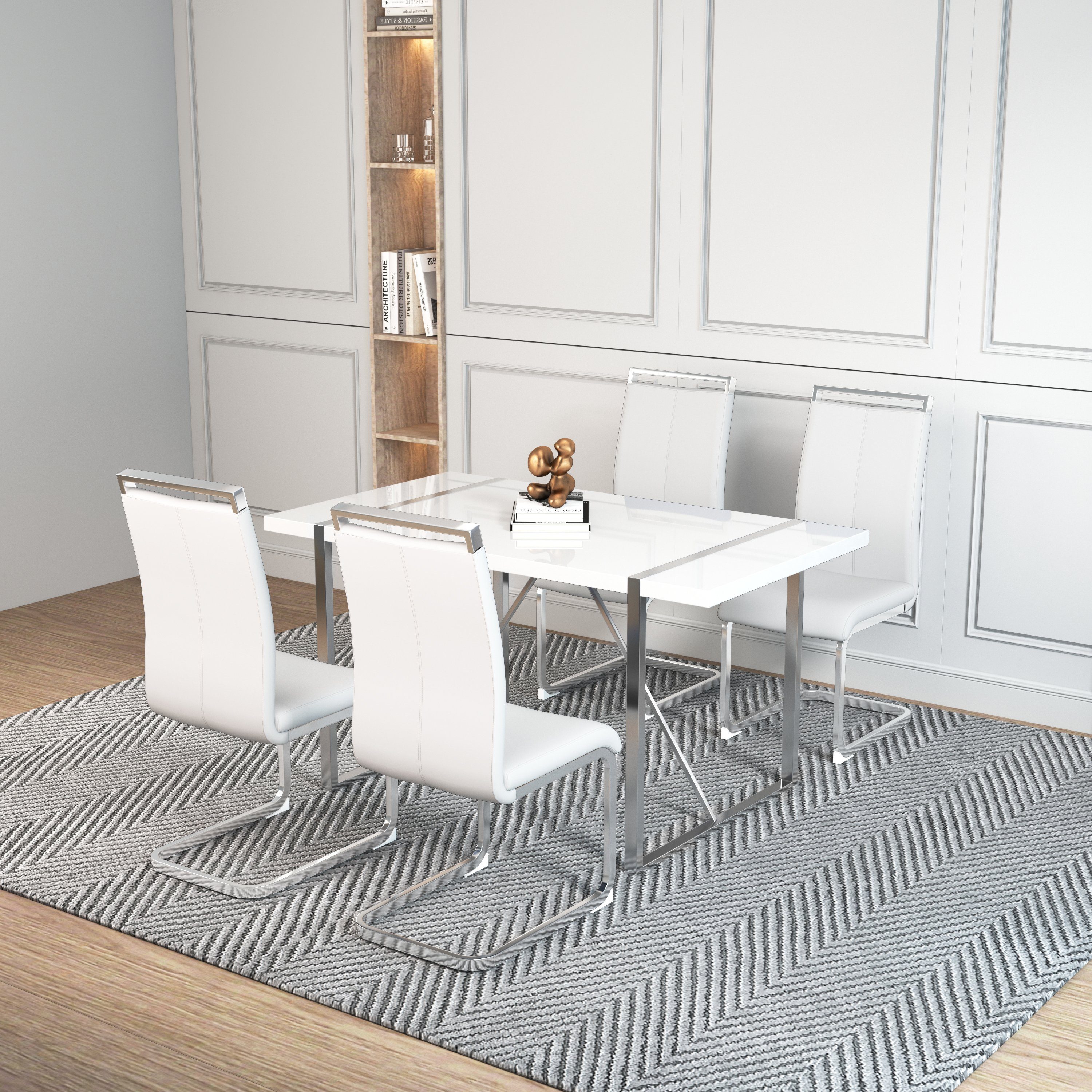Odikalo Esszimmer-Set 4 Stühlen Set Rechteckig Glänzend Tisch Edelstahlbeinen mehrere Farben Weiß