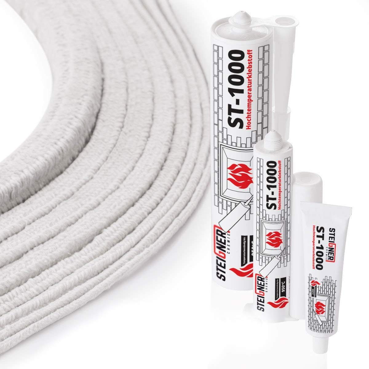 STEIGNER Dichtungsband STEIGNER Ofendichtschnur Kamindichtung aus KERAMIKFASERN, (1m Rolle, 1-St., Ofendichtschnur + Montagekleber), hitzebeständig bis 1260°C, Montagekleber, 1m, 6x6mm, SKD01-6
