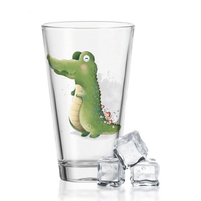 GRAVURZEILE Glas Leonardo Wasserglas mit UV-Druck - Krokodil Design - Bedruckter Kinderbecher aus Glas mit Tier Motiv - Geschenk für Kinder Jungen & Mädchen - geeignet für Kindergeburtstag und Alltag