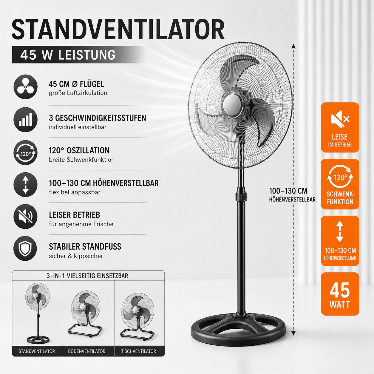 Ertex Standventilator BIG Standventilator 45W Ventilator 46 cm Höhe 130 cm, 3 in 1 STARK