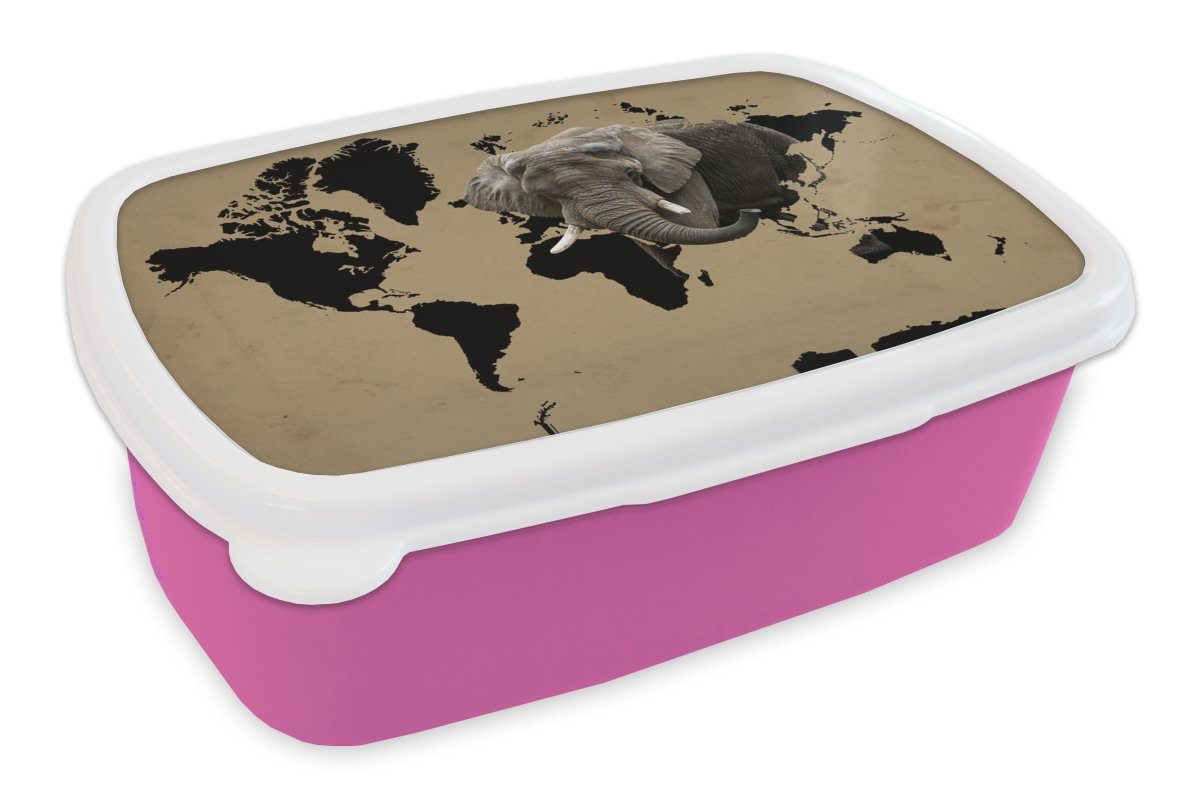 MuchoWow Lunchbox Weltkarte - Schwarz - Elefant, Kunststoff, (2-tlg), Brotbox für Erwachsene, Brotdose Kinder, Snackbox, Mädchen, Kunststoff rosa