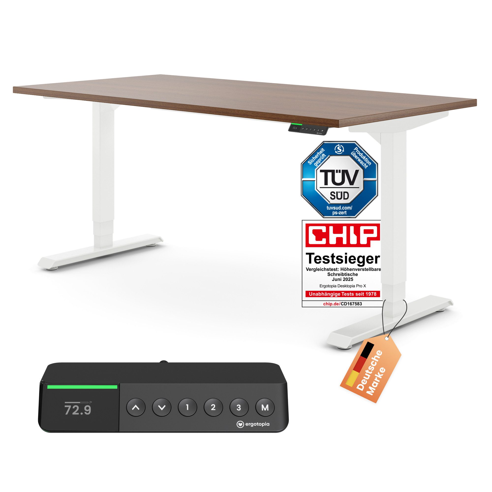 Ergotopia Schreibtisch Desktopia Pro X elektrisch höhenverstellbarer Schreibtisch, elektrisch verstellbarer Bürotisch inkl. edlem OLED-Display