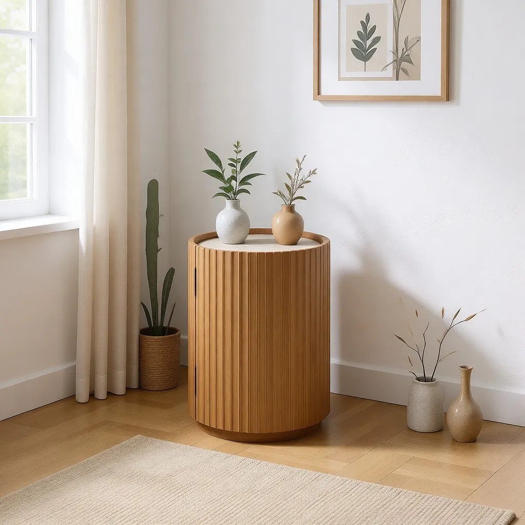 Woodek Design Nachttisch für Schlafzimmer Franz, runder Couchtisch aus massiver Eiche (Durchmesser: 42 cm, Höhe: 55 cm, 1-St., praktischer Stauraum), Beistelltisch mit Steinplatte