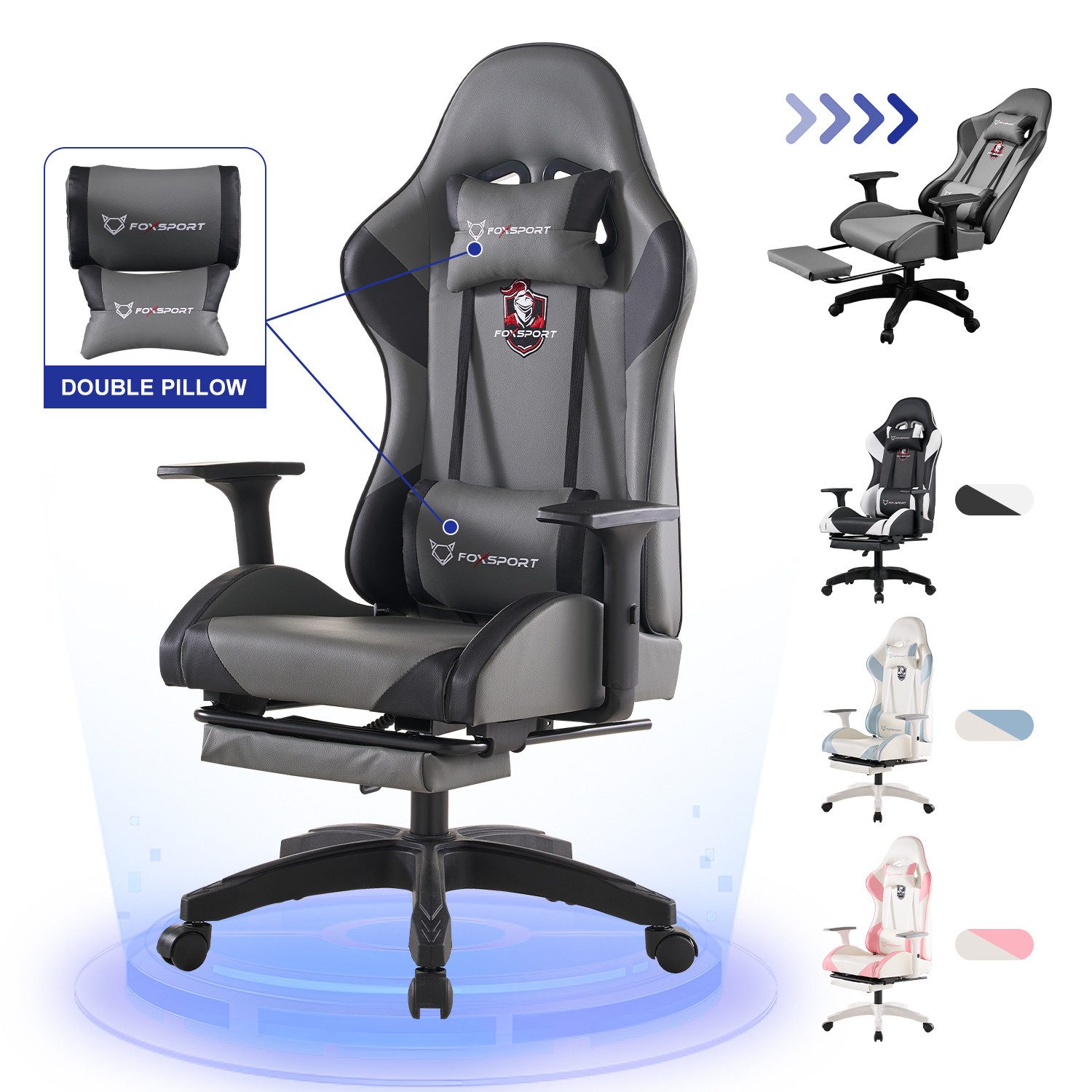 FOXSPORT Gaming-Stuhl inkl. Rücken- & Nackenkissen, ergonomischer Bürostuhl (Computer Stuhl mit Racing-Design, Drehstuhl mit 3D-Armstützen und verstellbarer Fußstütze, 150° verstellbare Rückenlehne, 1 St), 360° drehbar, 10 cm Höhenverstellung, belastbar b