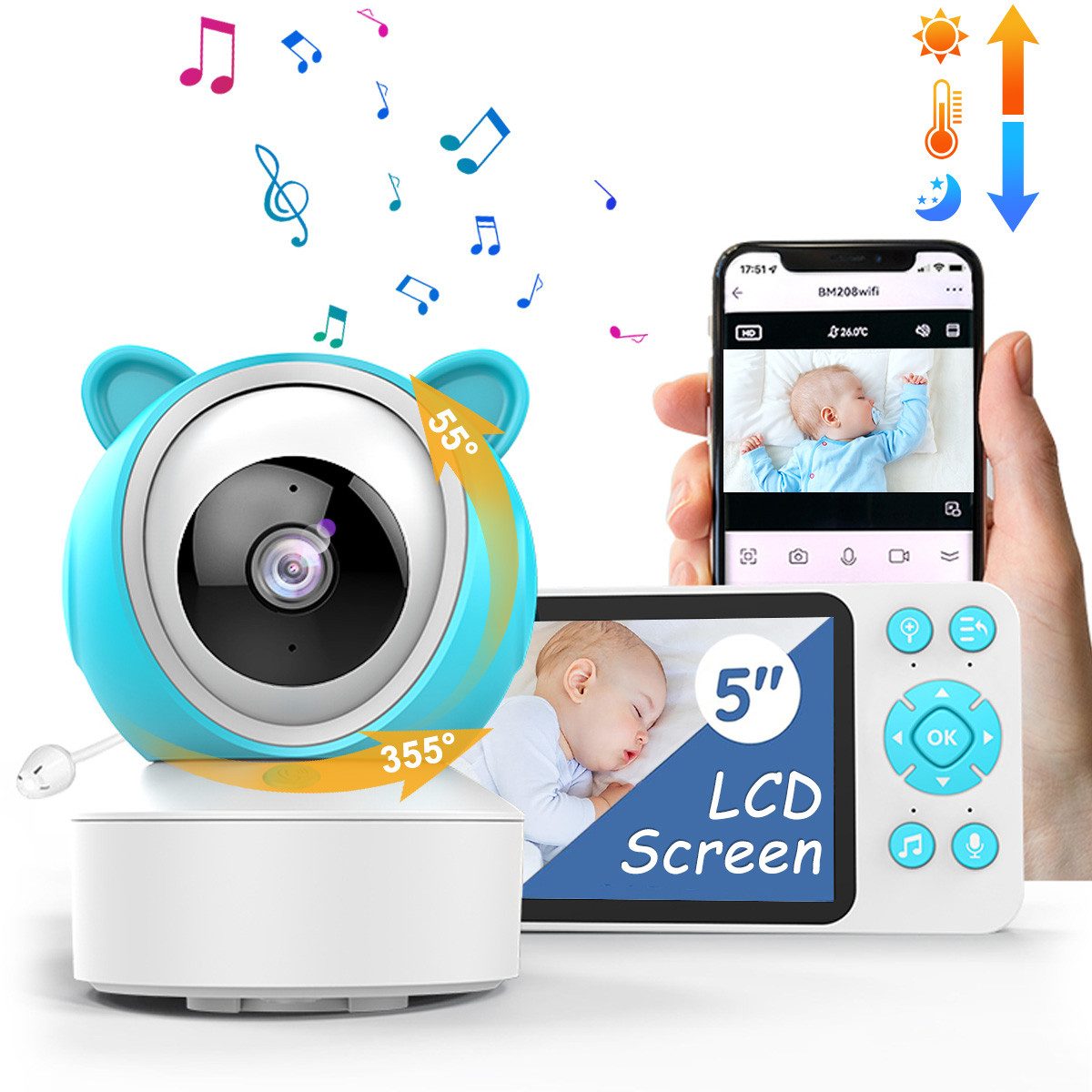 Babyphone Video-Babyphone Babyphone mit Kamera 5-Zoll-Display mit 8 Schlaflieder