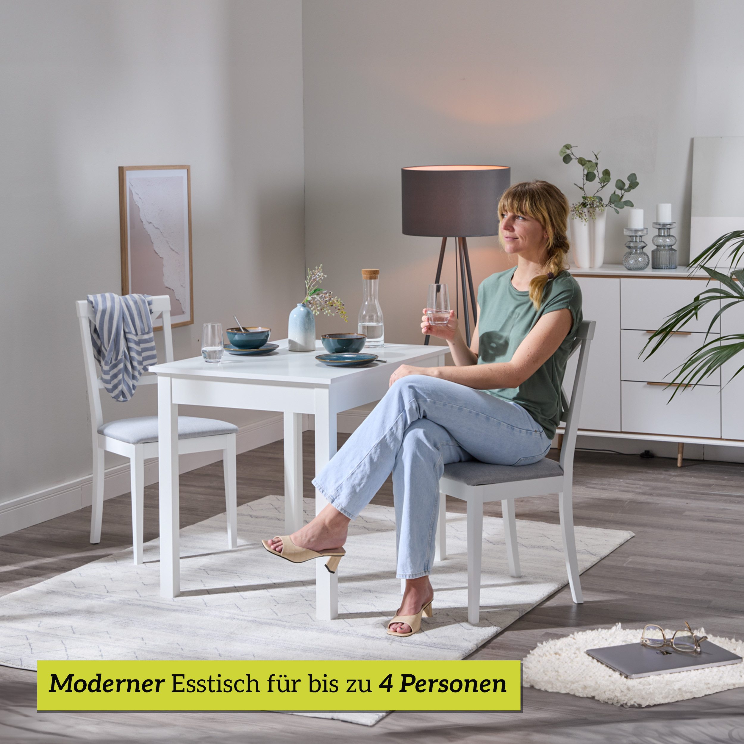 Smart Esstisch Rechteckig, Scandi Look, 67 x 110 cm, bis 45 kg belastbar, 4-Fußgestell, Weiß, für 4 bis 6 Personen