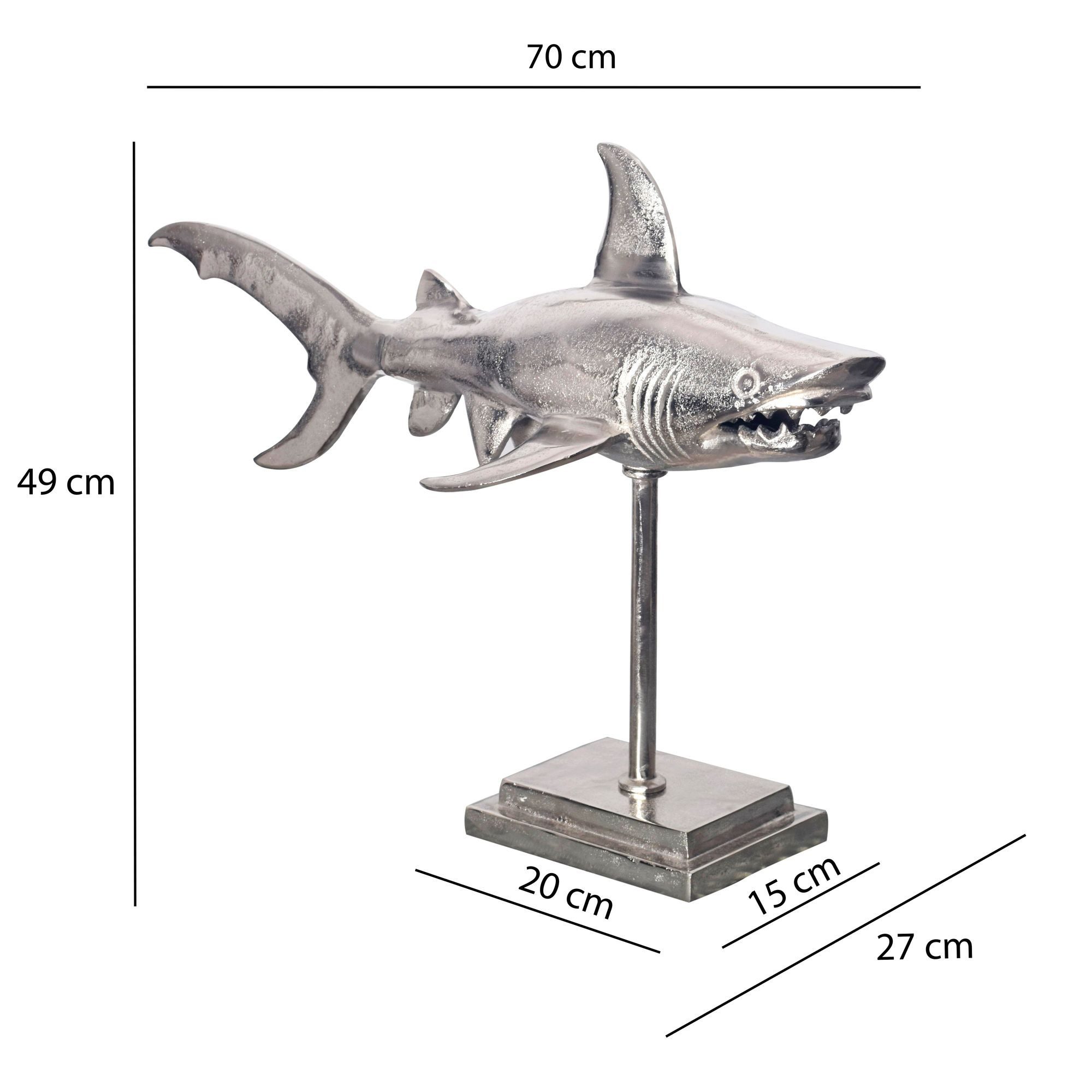FINEBUY Tierfigur FB65081 Deko Hai 70 cm Aluminium Wohndeko Dekoration Maritim Modern (Design Dekoration Metall, Wohndeko Tischdekoration), Silber Tischdeko 70 cm, Hai Aluminium Maritim