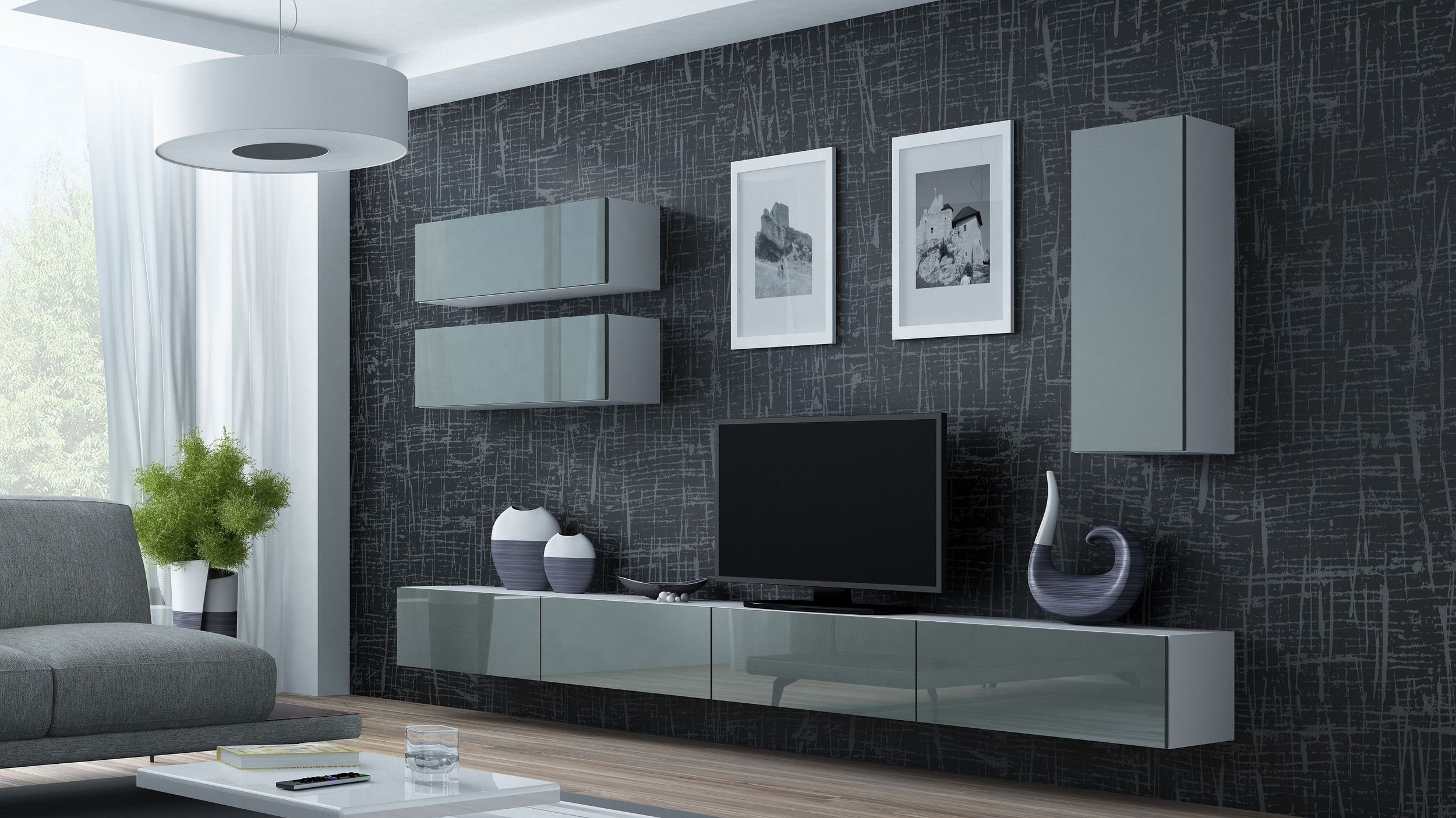 Stylefy Wohnwand Vago XIII, (Set (5-St), Wohnmöbel, Wohnzimmer-Set), bestehend aus 2xLowboard und 3xHängeschrank, Hochglanzfronten, mit Push-to-Open, Modern Design Weiß Matt - Grau Hochglanz