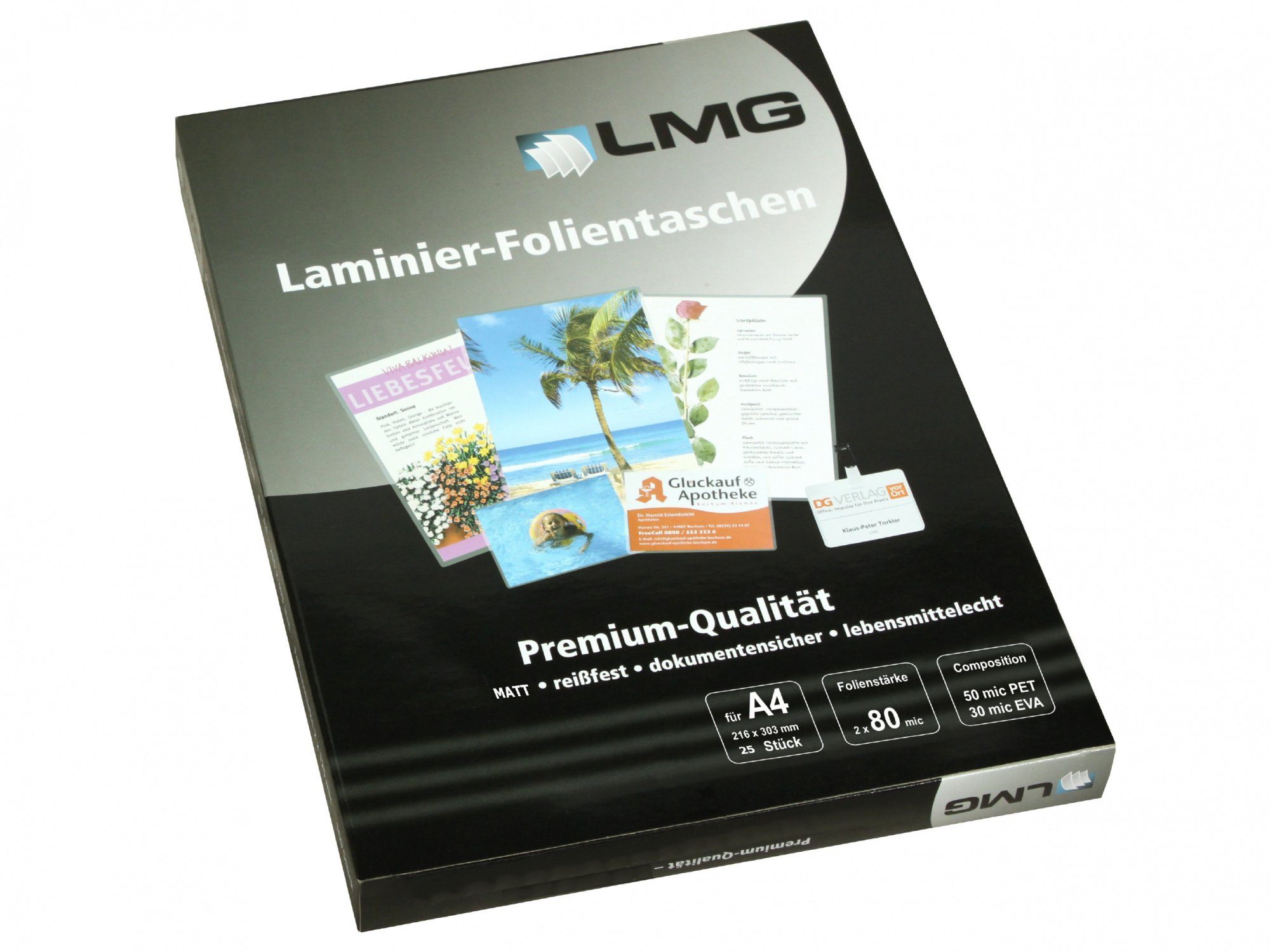 LMG Germany Laminierfolie LMG Laminierfolien A4 (216 x 303 mm), 2 x 80 mic, matt, 25 Stück, 80 µm, matt, 25 St., blasenfreie Laminierung, für Digitaldruck und Außenbereich geeignet