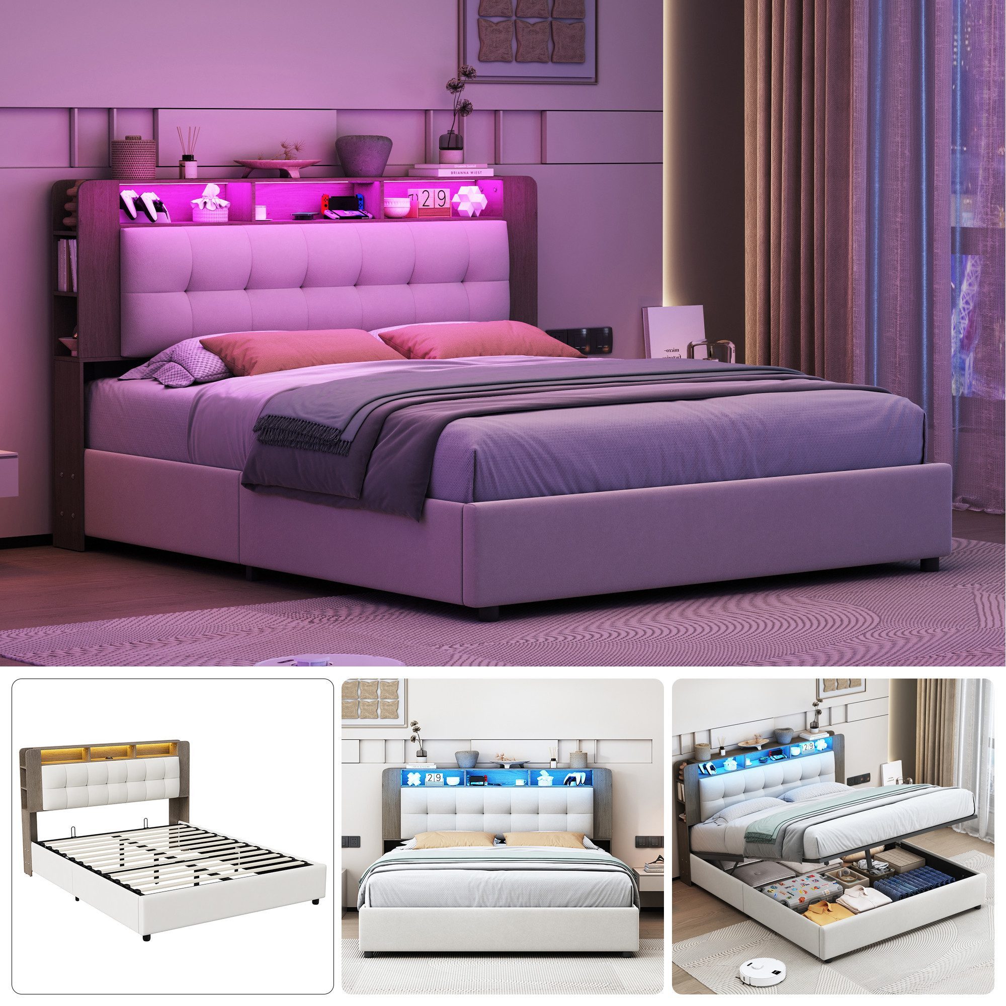 PXloue Polsterbett LED hydraulisches Doppelbett (Kopfteil mit integrierter kabelloser Ladefunktion), Boxspringbett, mit Stauraum und integrierter Beleuchtung,140x200 cm