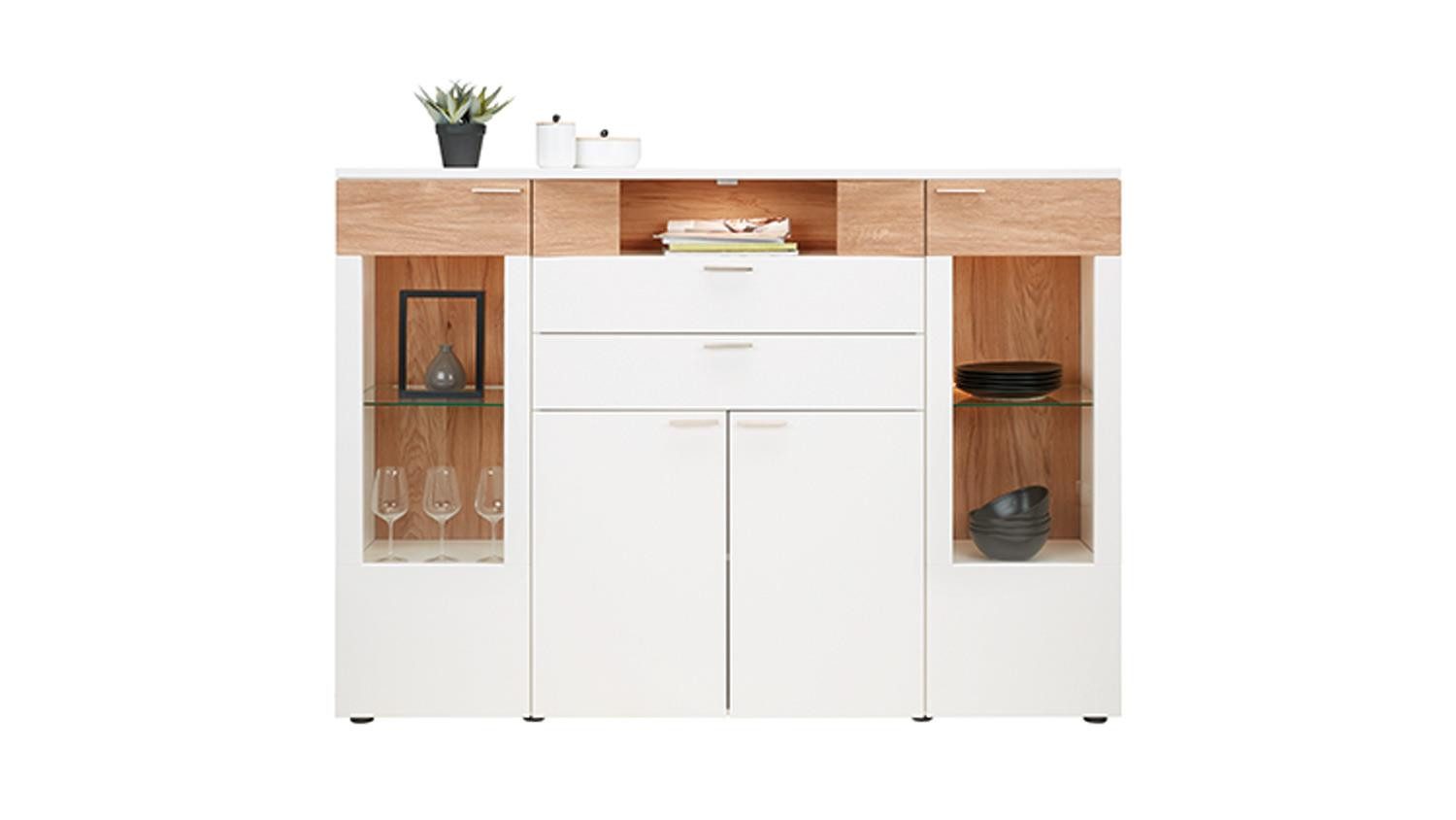 Möbel Akut Highboard Highboard OSLO weiß matt lackiert und Asteiche hell Massivholz