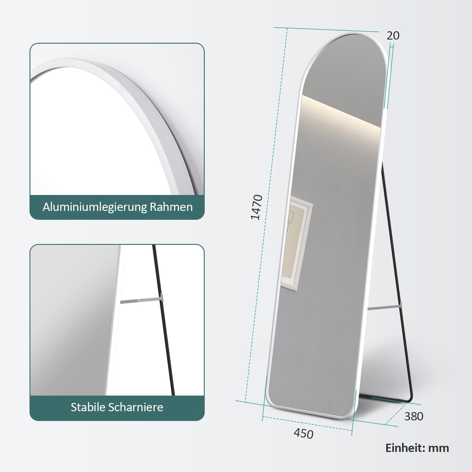 EMKE Standspiegel Bogen Standspiegel Ganzkörperspiegel Aufenthalt Ankleidezimmer Aluminiumlegierung, aus für Weiß und Wohn-,Schlaf-, Rahmen mit