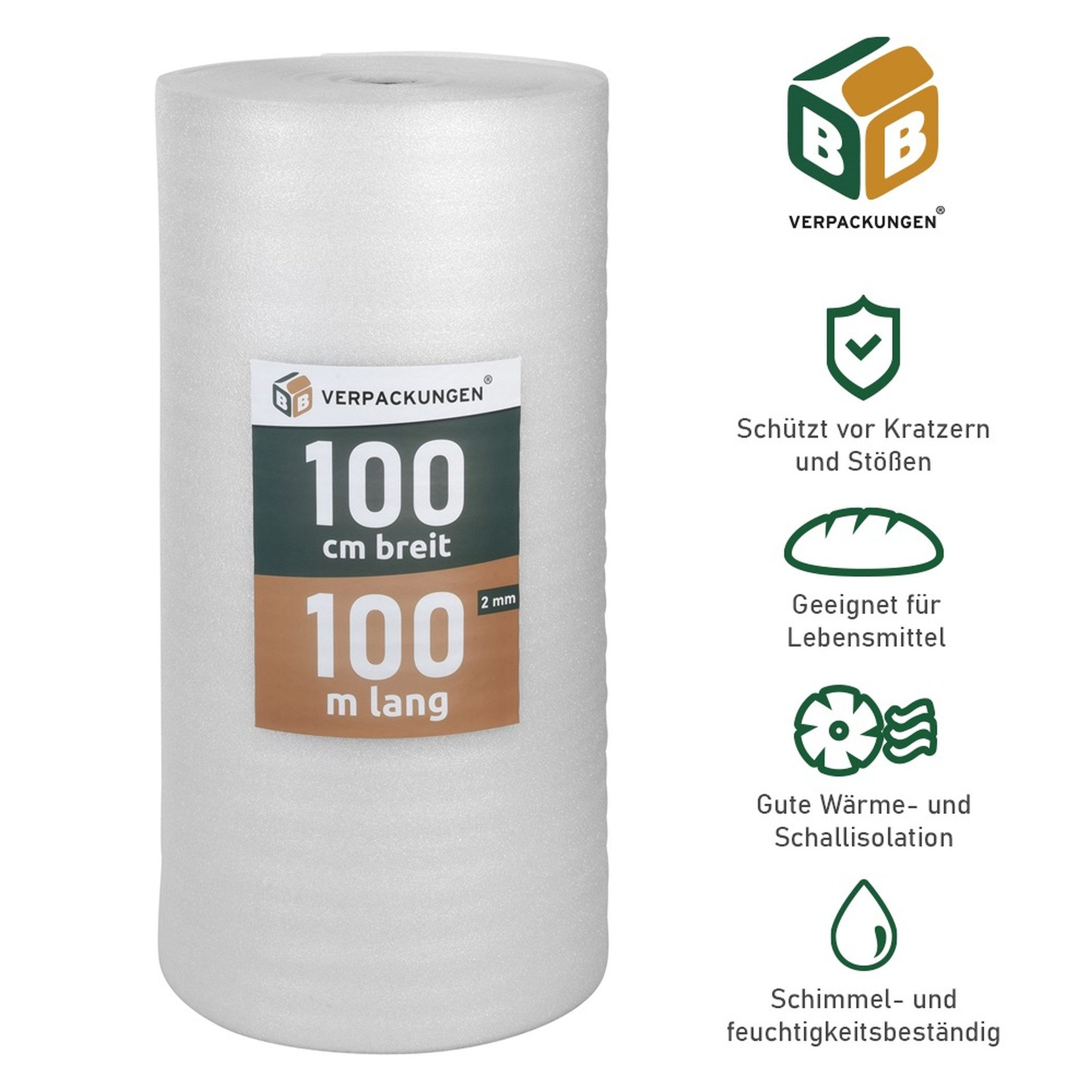 BB-Verpackungen Trittschalldämmfolie Trittschalldämmung 2 mm PE-Schaumfolie, 2 mm Stärke, 100 m²
