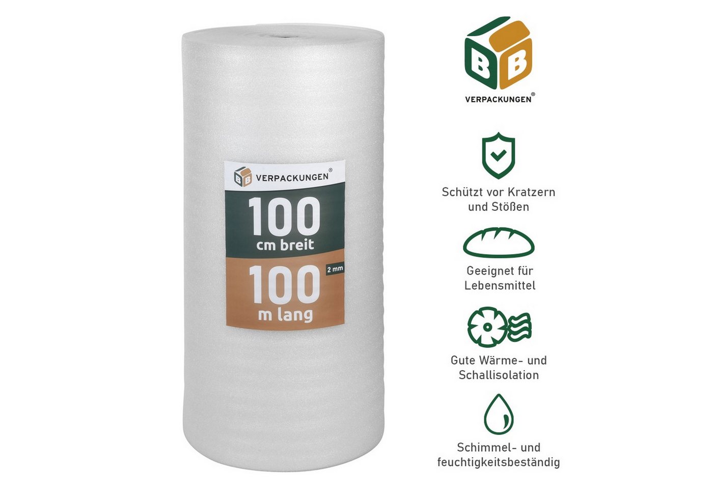 BB-Verpackungen Trittschalldämmfolie Trittschalldämmung 2 mm PE-Schaumfolie, 2 mm Stärke, 100 m²