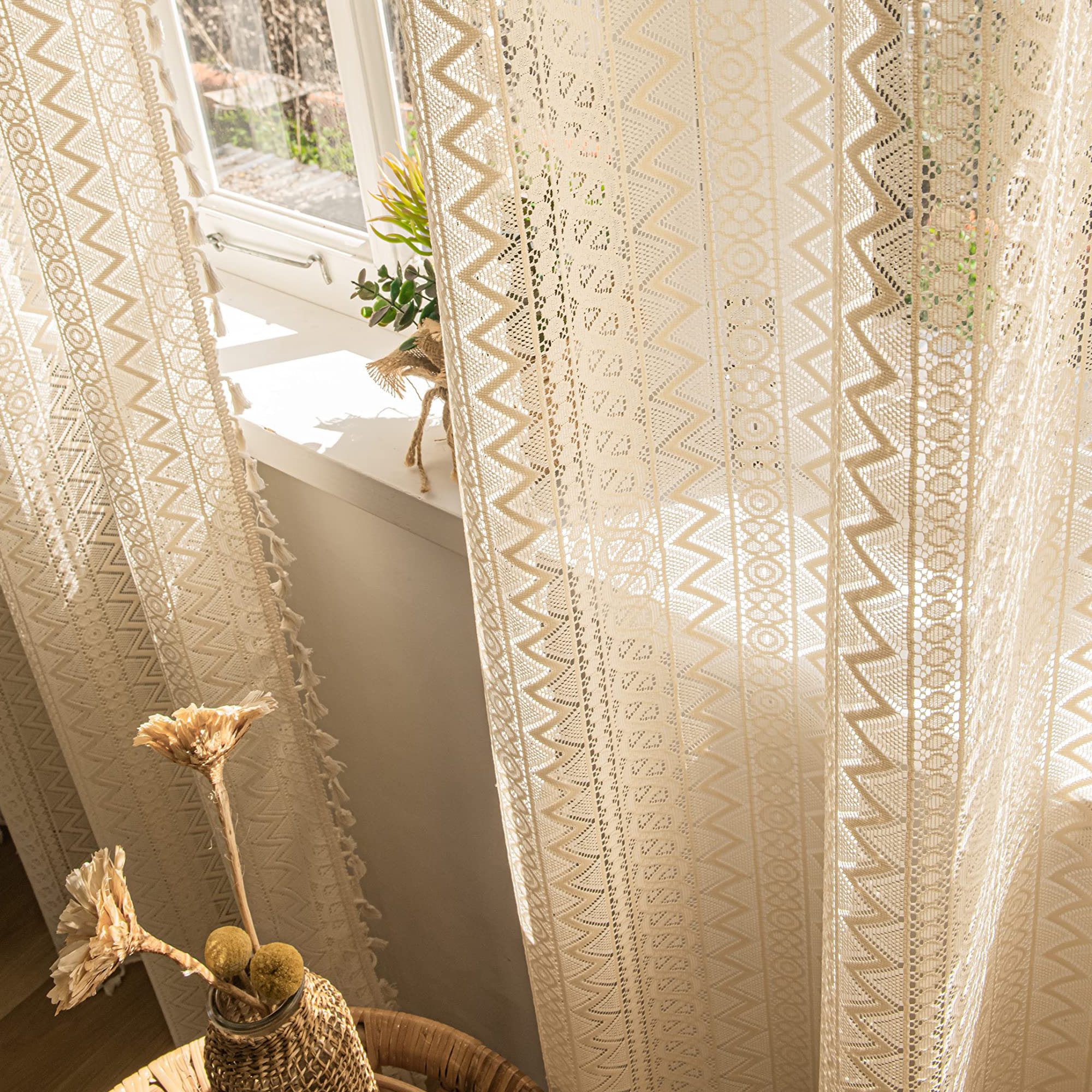 Agger Gardine Vintage-Häkelspitzen-Gardine, Boho-Fransen-Vorhang, Wellenförmiger Ösenvorhang aus Voile für Wohnzimmer und Schlafzimmer – Bild 5 von 5
