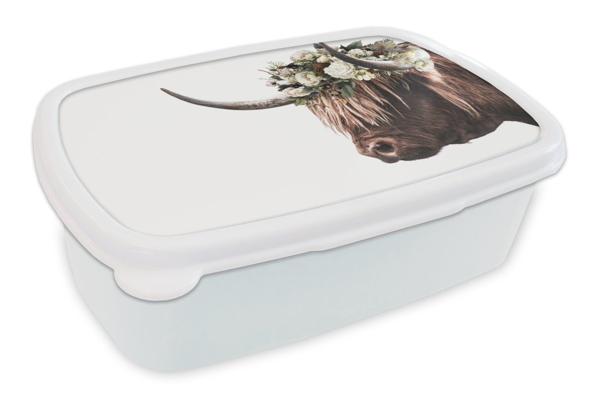 MuchoWow Lunchbox Schottischer Highlander - Kuh - Blumen, Kunststoff, (2-tlg), Brotbox für Kinder und Erwachsene, Brotdose, für Jungs und Mädchen weiß