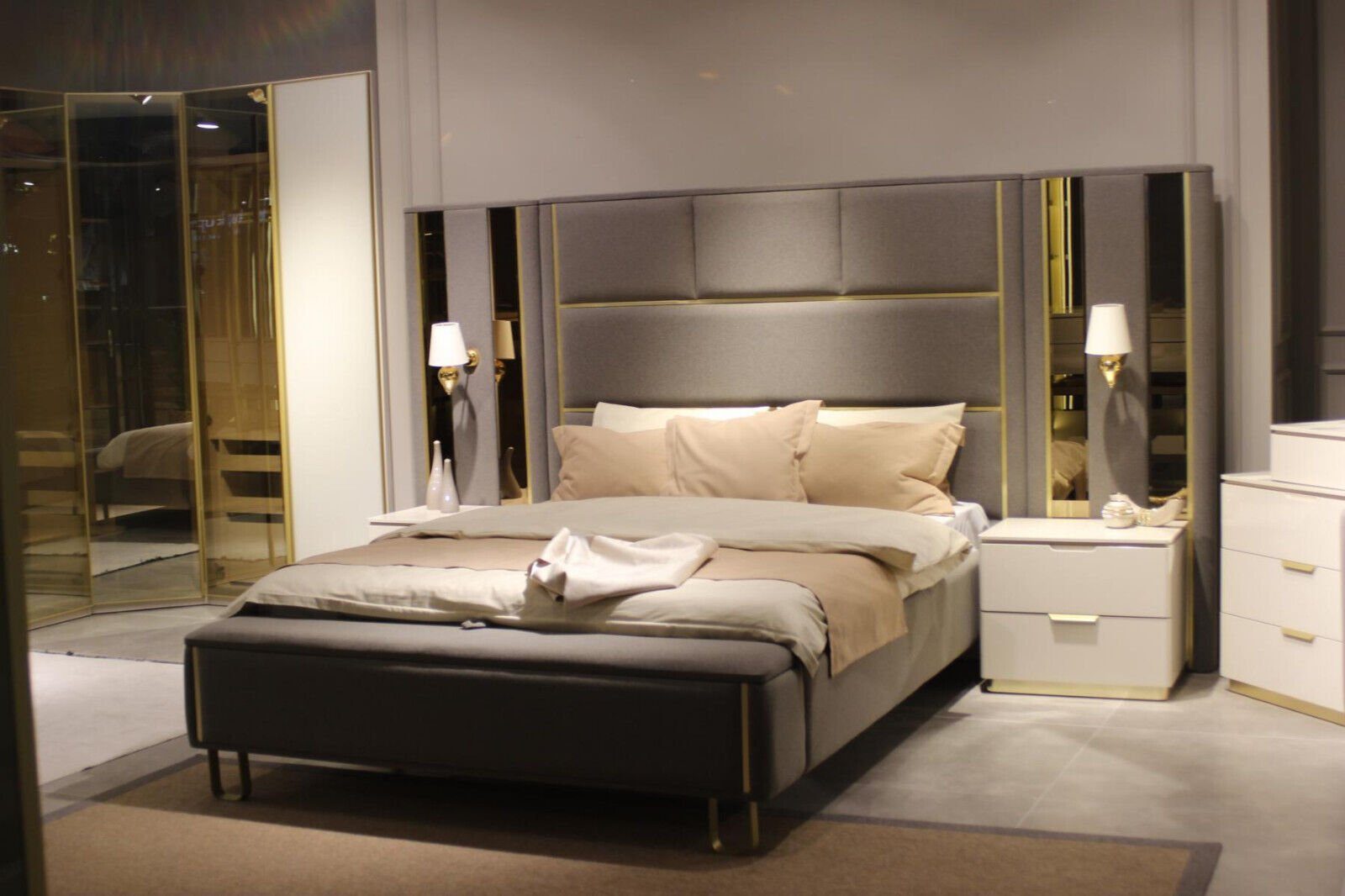 Europa Schlafzimmer-Set Set Nachttische, Made Luxus Nachttische+Bank 4 Möbel Bank), (4-St., Schlafzimmer Bett, Design in tlg, JVmoebel Bett+2x
