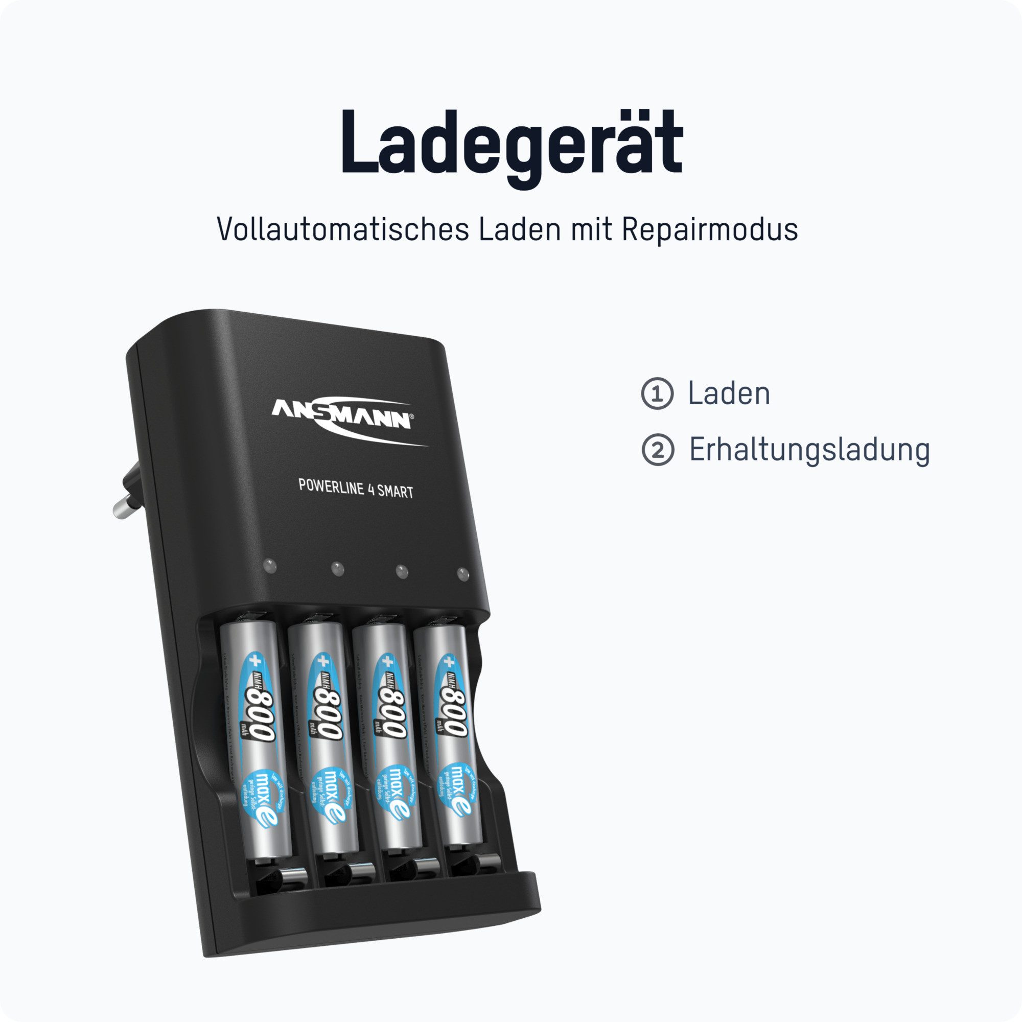ANSMANN AG Akku Ladegerät für 1-4 NiMH AA/AAA Akkus – inkl. 4x AA 2100mAh Universal-Ladegerät
