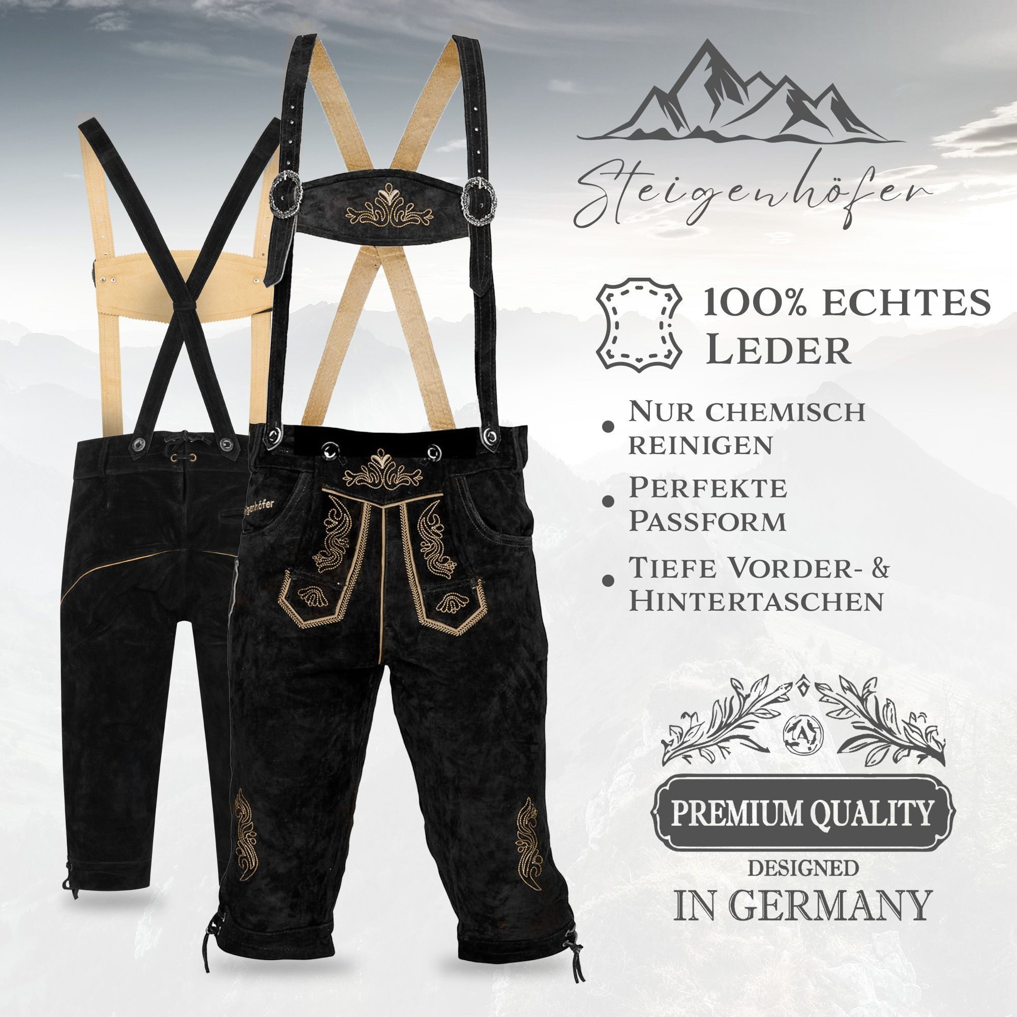 Steigenhöfer Manufaktur Trachtenlederhose Lederhose Herren Tracht Kniebund - Reinhold - 100% Rindsleder (Inklusive verstellbarer Träger) Traditionelle Echtlederhose - Ideal für Dein Oktoberfest Herren Outfit