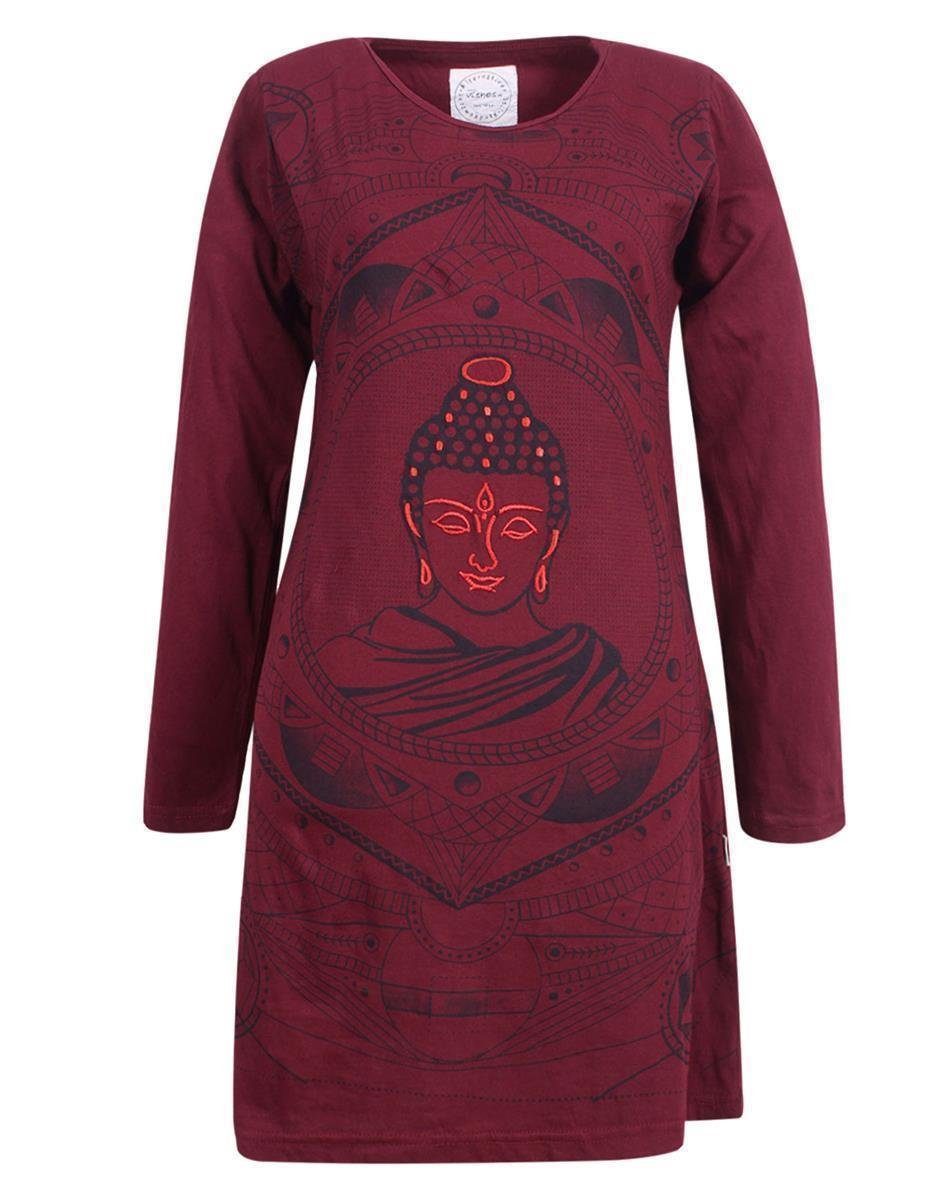 Vishes Midikleid Langarm Baumwollkleid Shirtkleid mit Buddha Druck Übergangskleid, Hippie Style dunkelrot