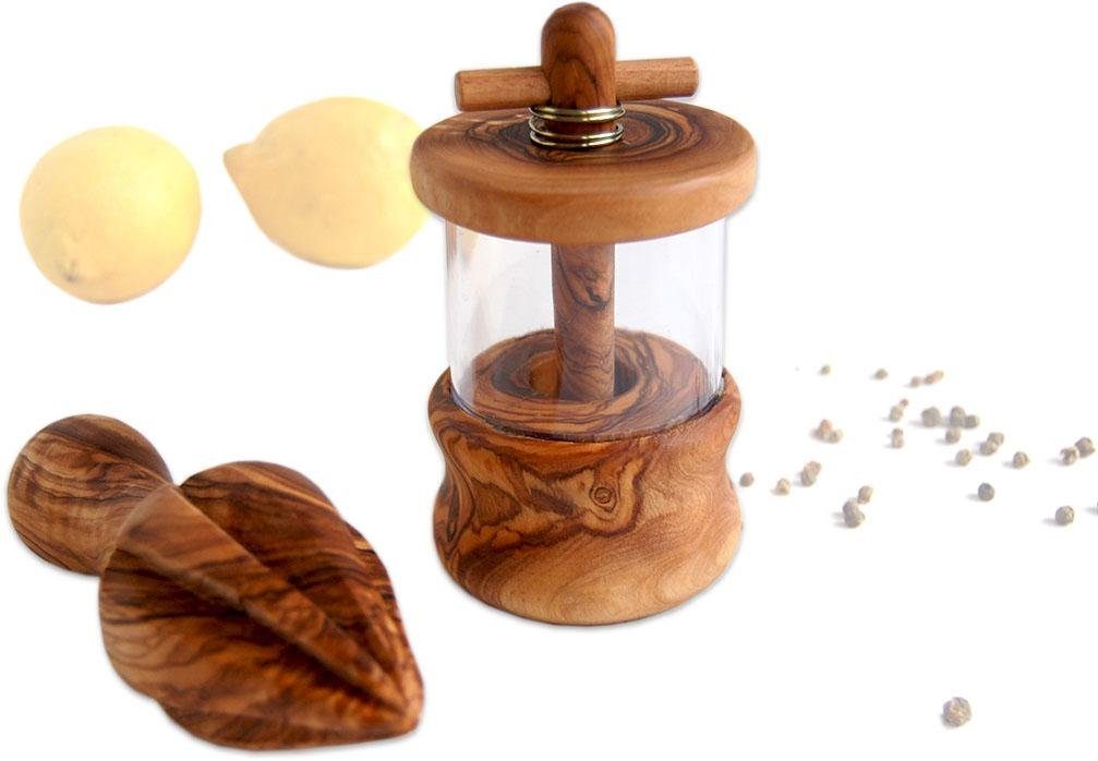 Olivenholz-erleben Kräutermühle und Zitronenpresse aus naturbelassenem Olivenholz manuell, (2 Stück), Mühle mit Funktion für grobes/feines Mahlen, Presse leicht zu nutzen