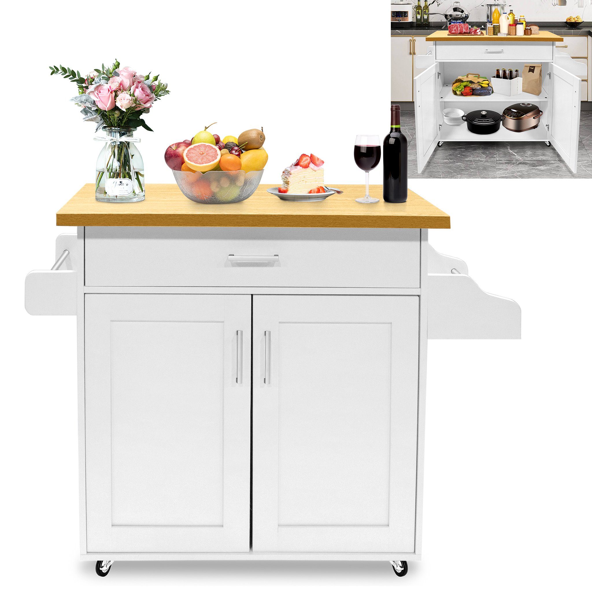 NAIZY Küchenwagen Mit Rollen & Arbeitsplatte - 85x68x39cm, Kiefernholz, Abschließbar