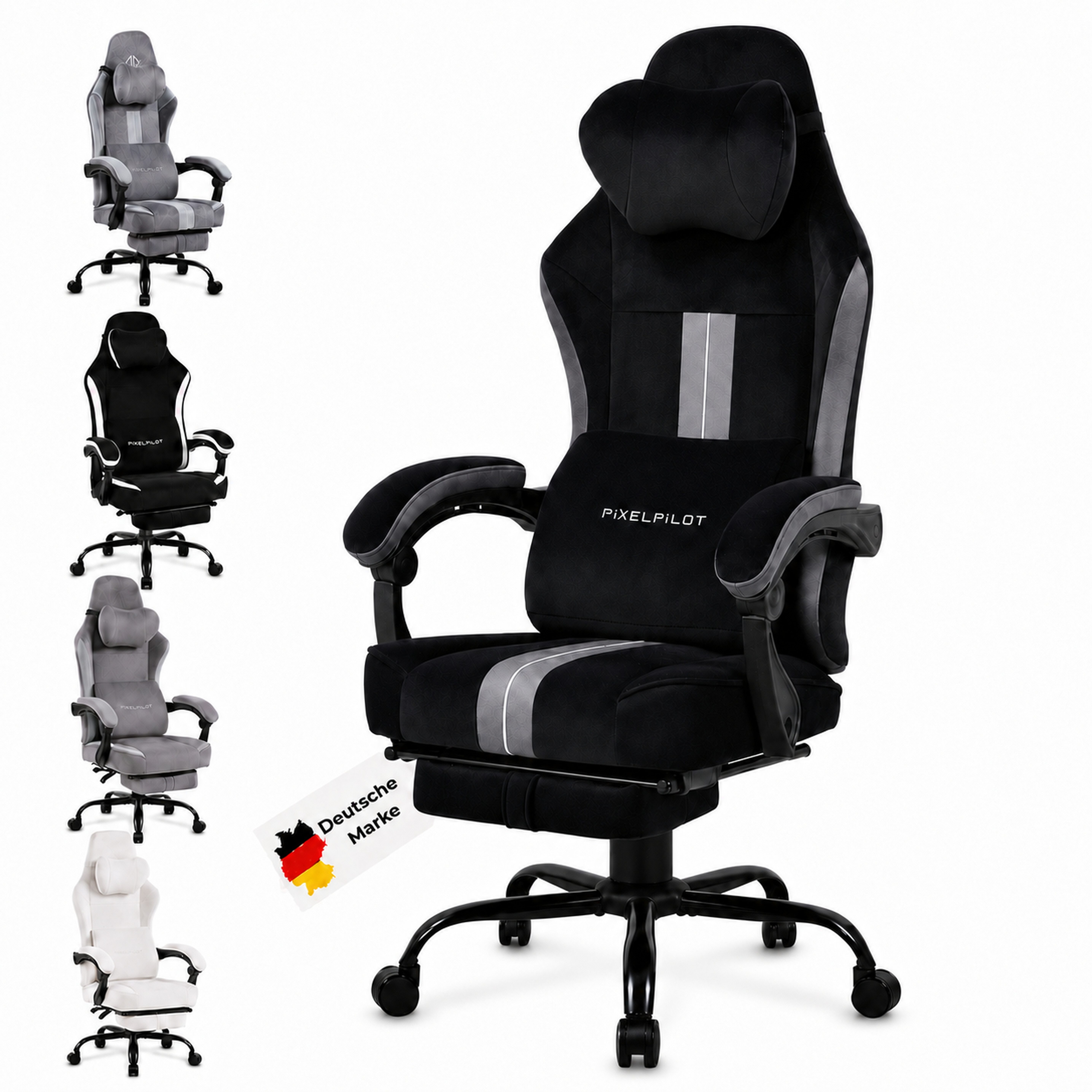 PixelPilot Gaming-Stuhl Ergonomischer Gaming-Stuhl, breite Sitzfläche, Fußstütze, bis 150 kg (Einzelartikel), Ergonomisch, atmungsaktiv, breite Sitzfläche, Rückenlehne 90°-135°
