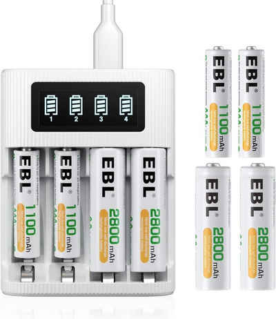 EBL Universal Akku ladegerät mit 4 AA Akkus + 4 AAA Akkus Batterie-Ladegerät (1-tlg., für AA AAA NiMH NiCd wiederaufladbare Batterien)