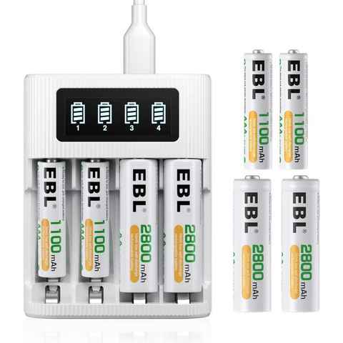 EBL Universal Akku ladegerät mit 4 AA Akkus + 4 AAA Akkus Batterie-Ladegerät (1-tlg., für AA AAA NiMH NiCd wiederaufladbare Batterien)