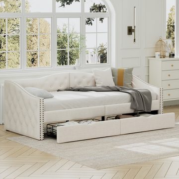 SOFTWEARY Schlafsofa mit Bettfunktion, 90x200 cm, Sofa mit 2 Schubladen, Einzelbett, Leinen