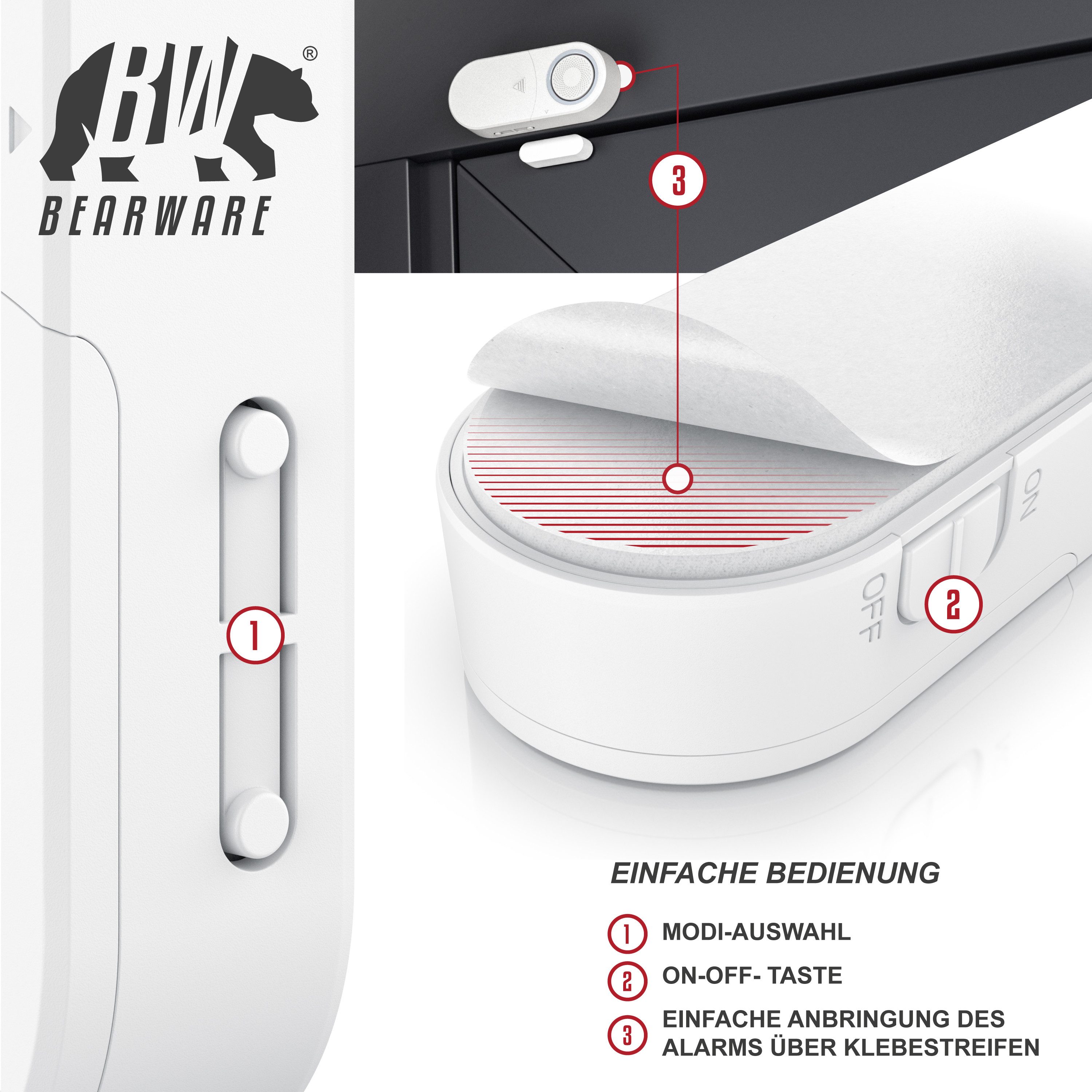 BEARWARE Fensteralarm / Türalarm, 120 dB lauter Signalton, Alarmsensor Fensteröffnungsmelder (für Tür & Fenster, Einbruchschutz, mit Batterien, Alarmanlage)