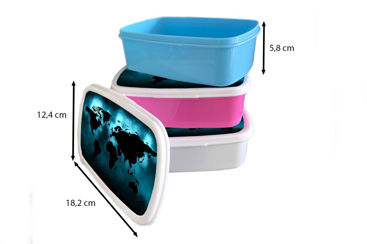 Lunchbox Kunststoff Schwarz Brotbox Blau, Snackbox, (2-tlg), Weltkarte Mädchen, Kinder, MuchoWow - für Erwachsene, rosa Brotdose Kunststoff, -