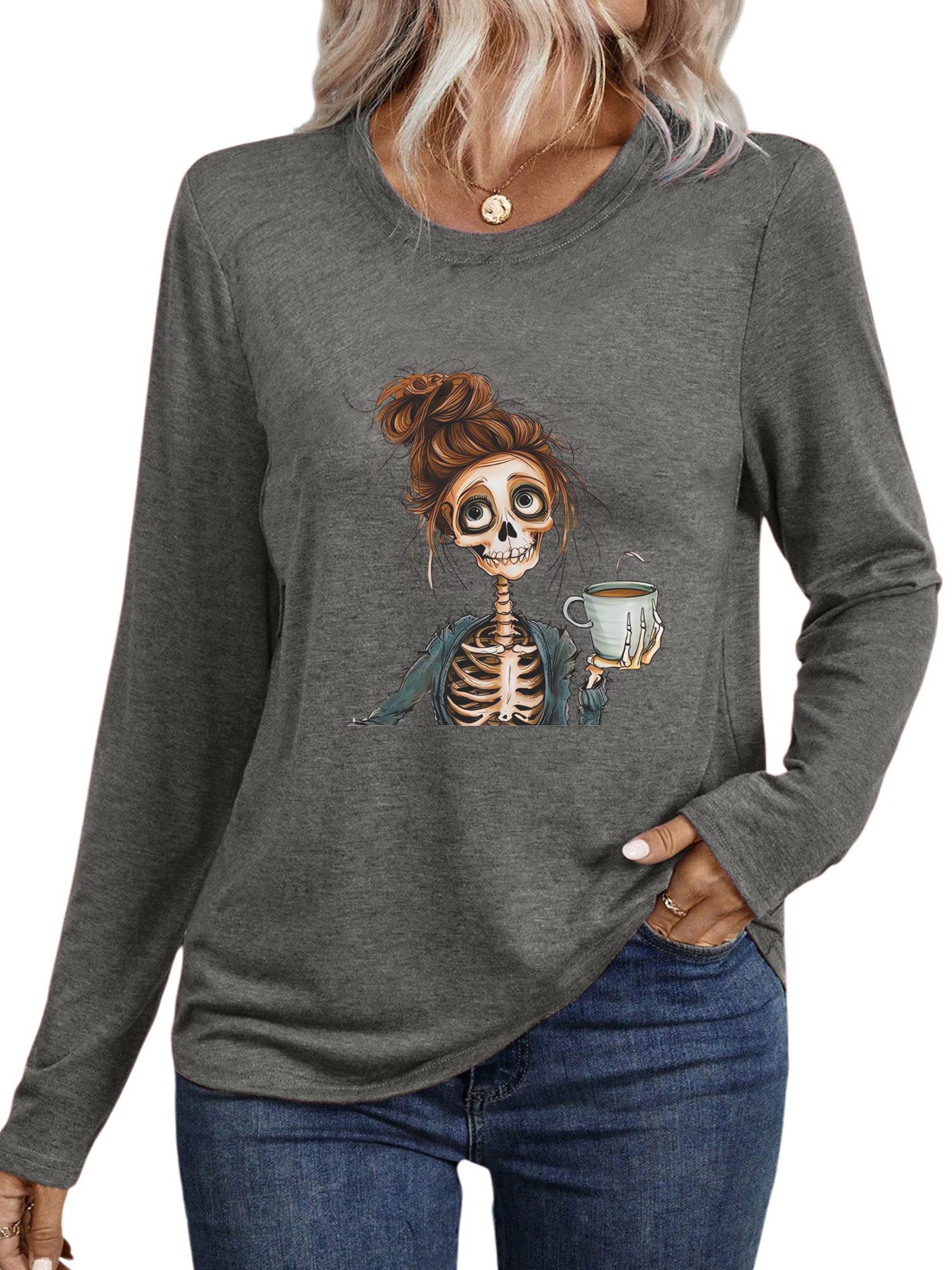 PYLIKE Longsleeve Damen Rundhalsausschnitt Longsleeve mit Schädel Print-Shi günstig online kaufen