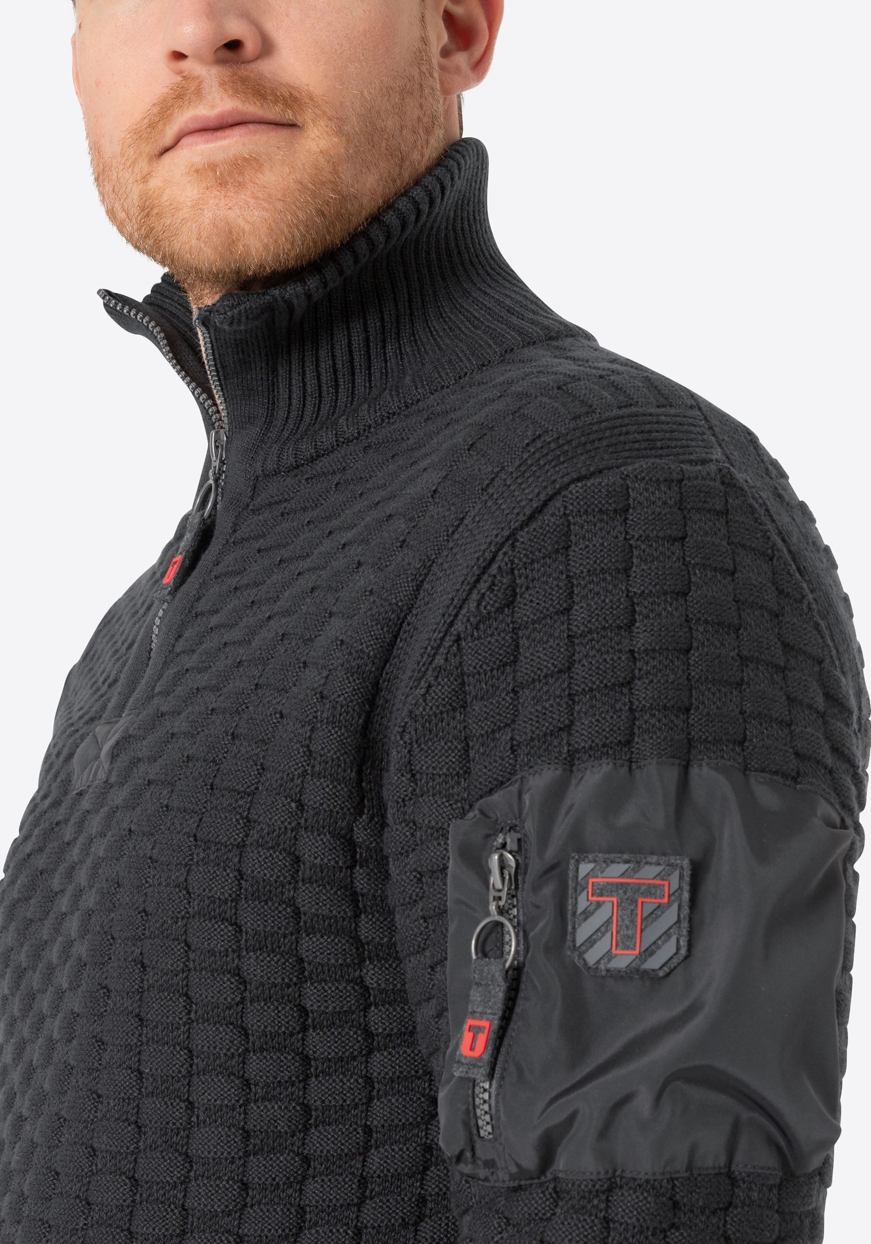 TIMEZONE Strickpullover Strickpullover 3D-Schachbrettmuster Ärmeltasche Heavy Knit Seamans Troyer