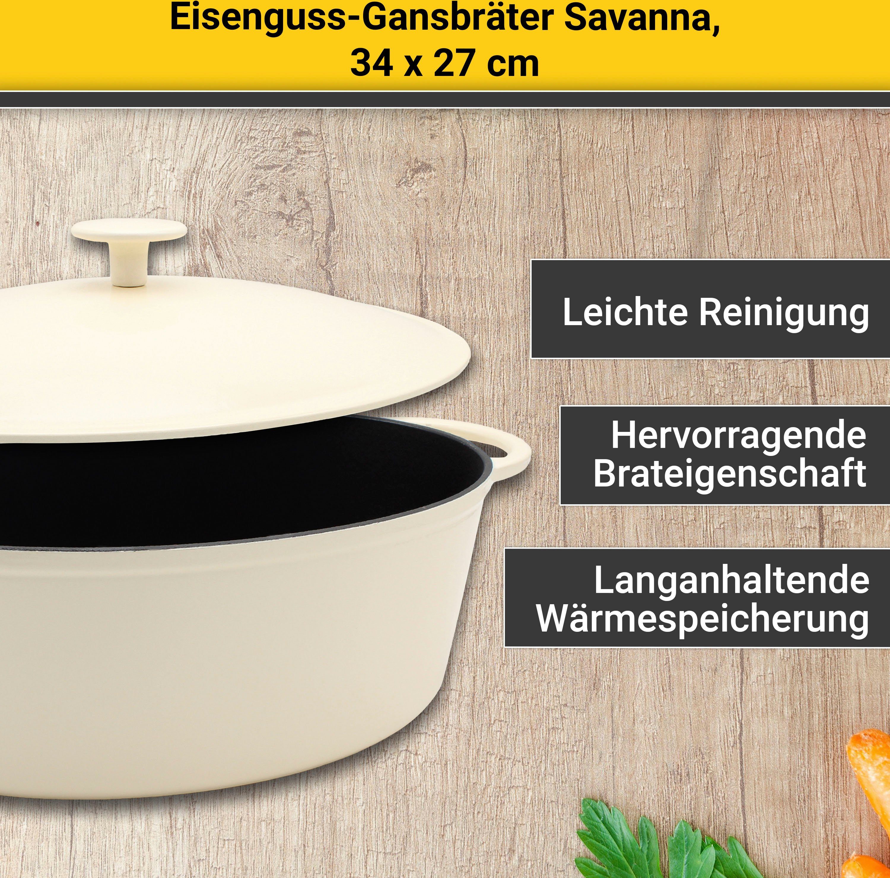 Krüger Bräter Eisenguss Gansbräter mit Deckel SAVANNA, 34 x 27 x 12,5 cm, Gusseisen (1-tlg), für Induktions-Kochfelder geeignet