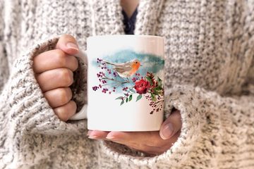 Autiga Tasse Kaffee-Tasse Vogel Rotkehlchen Blumen Misteln Watercolor Bird Weihnachten Christmas Autiga®, Keramik