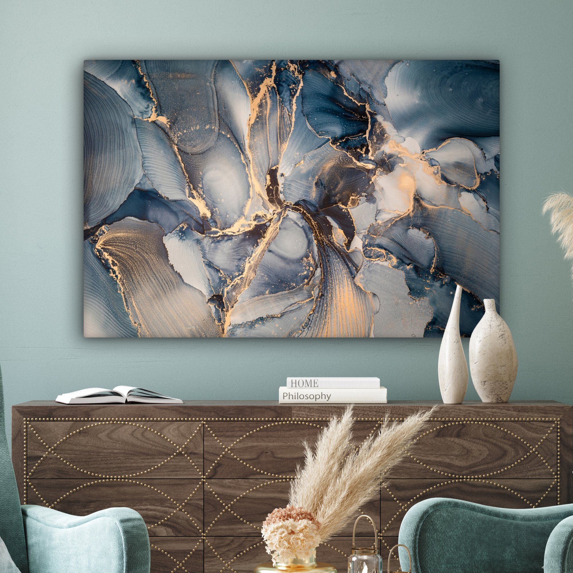 Marmor (1 cm großes, - XXL, Grau St), Leinwandbild für Luxus 120x80 - Gemälde, Wohnbereiche, - OneMillionCanvasses® alle - Gold, Wandbild Blau