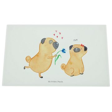 Mr. & Mrs. Panda Servierbrett Mops Verliebt - Weiß - Geschenk, Liebesspruch. Verlobt, Geschenk Freu, Premium Glas, (1-St), Rutschfeste Gummifüße