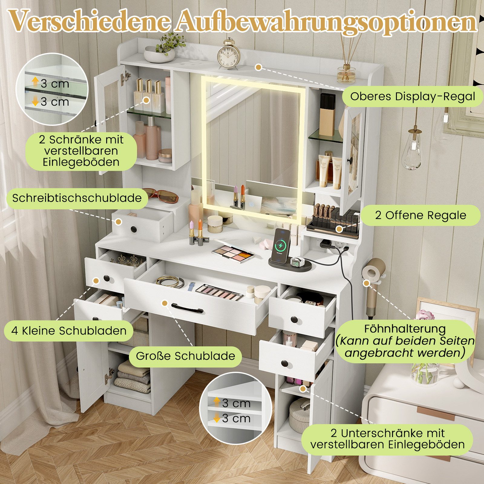 COSTWAY Schminktisch (1-St), Frisierisch, mit Spiegel, Steckdosen, 3 Farbmodi