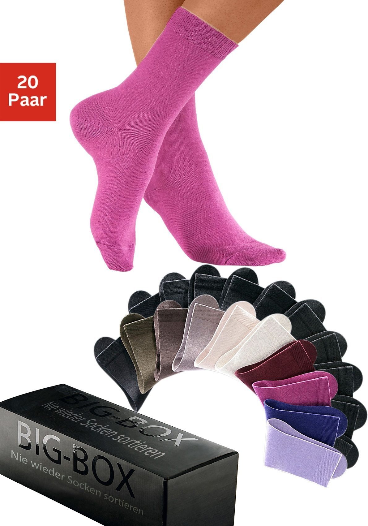 Go in Basicsocken mit Baumwolle und Komfortbund, ohne drückende Naht (Packung, 20-Paar) in der großen Big-Box 2x braun, 2x beige, 2x lila, 1x beere, 1x ruby, 1x khaki, 11x schwarz